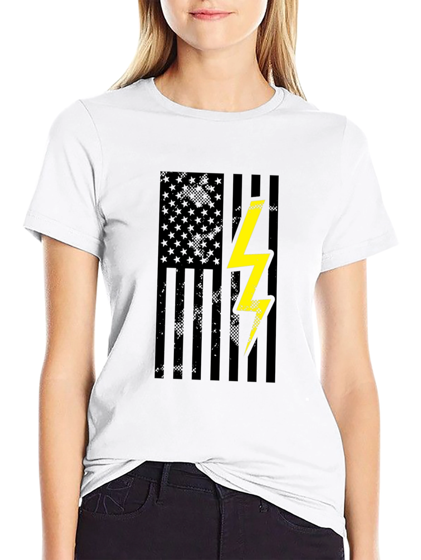 Black American Flag Lightning Bolt Graphic T-Shirt view 9