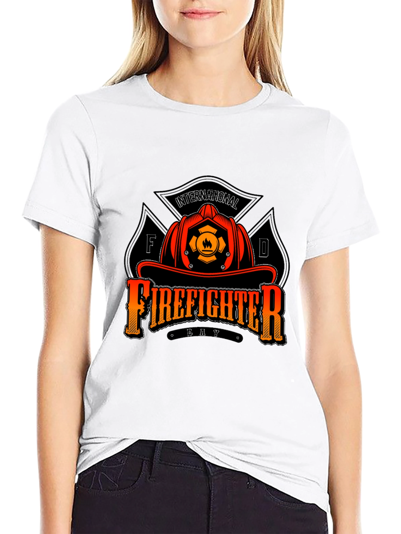 Black Firefighter Day T-Shirt - Black Crew Neck Tee view 9