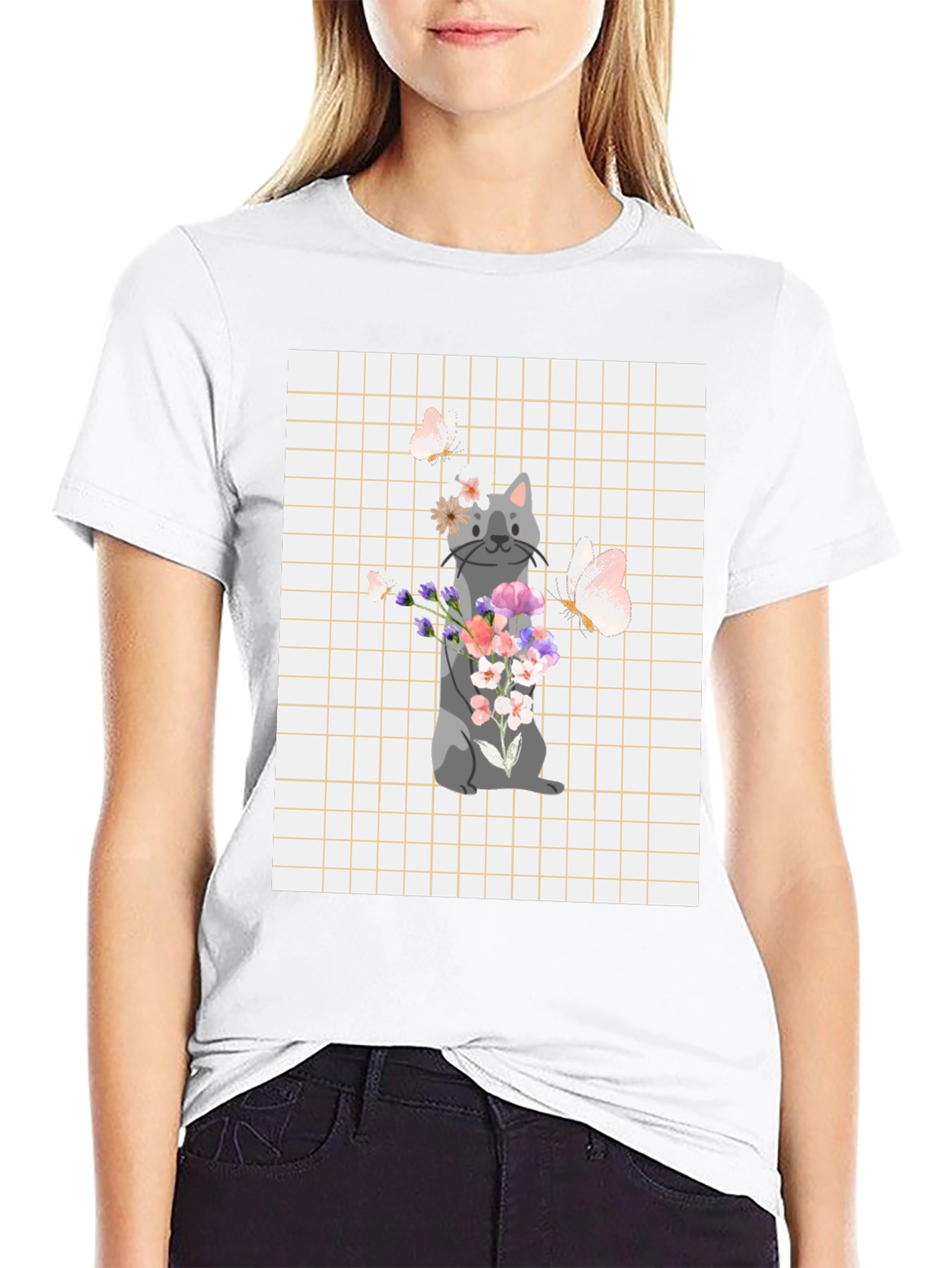Black Cute Cat with Flowers Graphic T-Shirt view 9