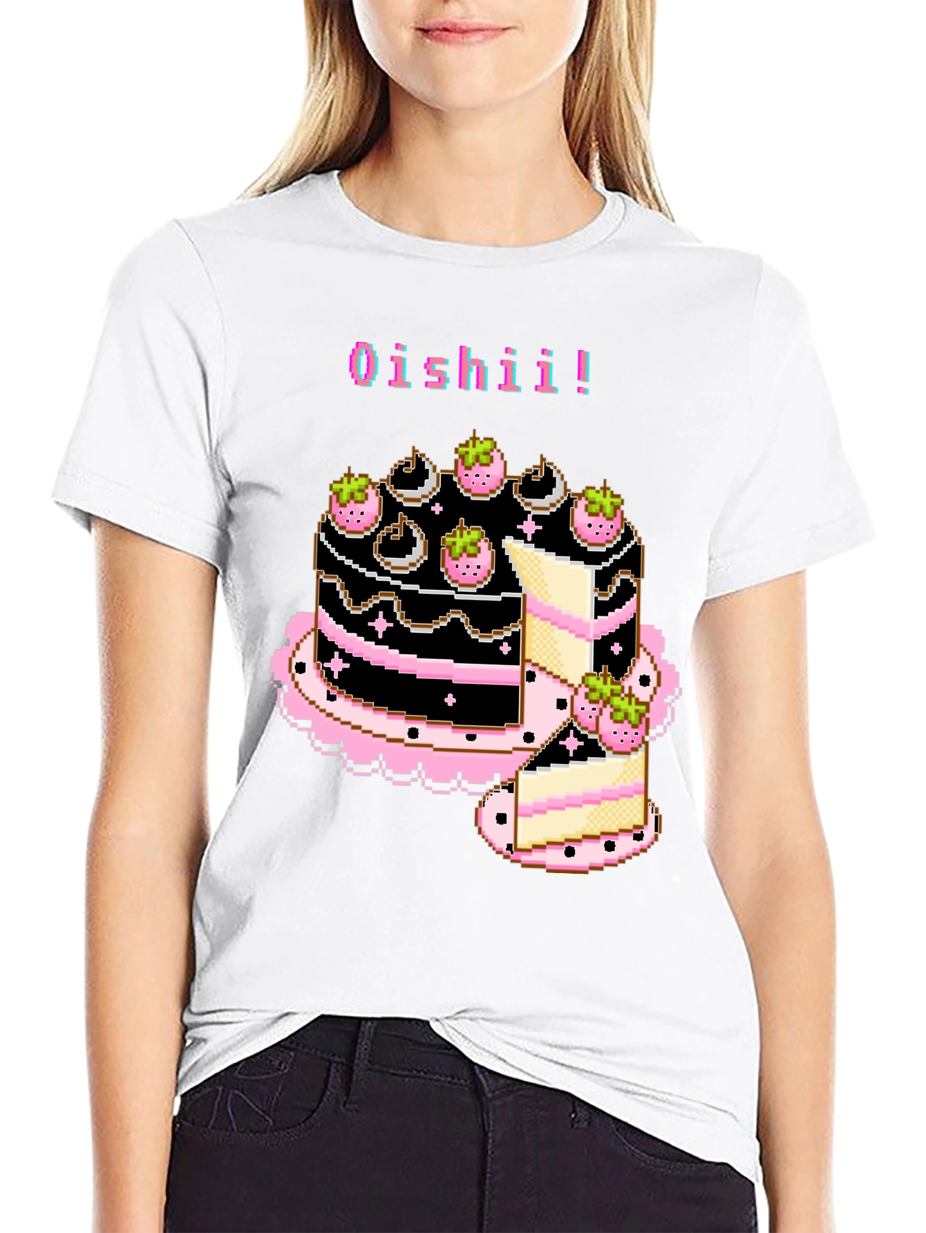 Black Pixel Art Oishii Cake T-Shirt view 9