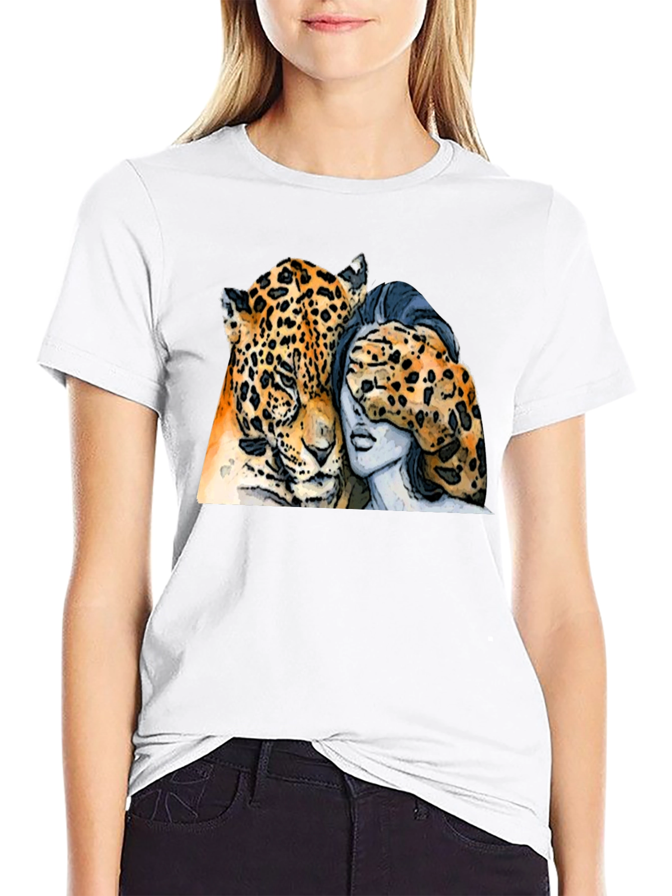 Black Jaguar and Woman Graphic Print Black T-Shirt view 9