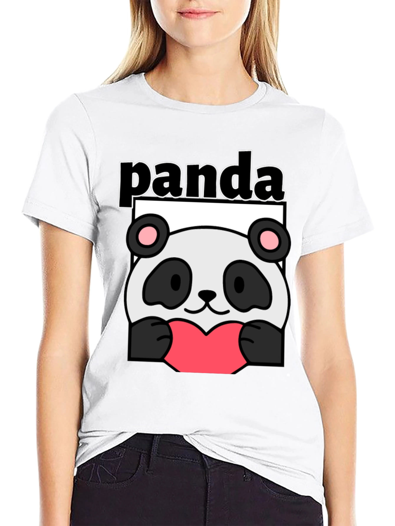 Black Cute Panda Heart Graphic Black T-Shirt view 9