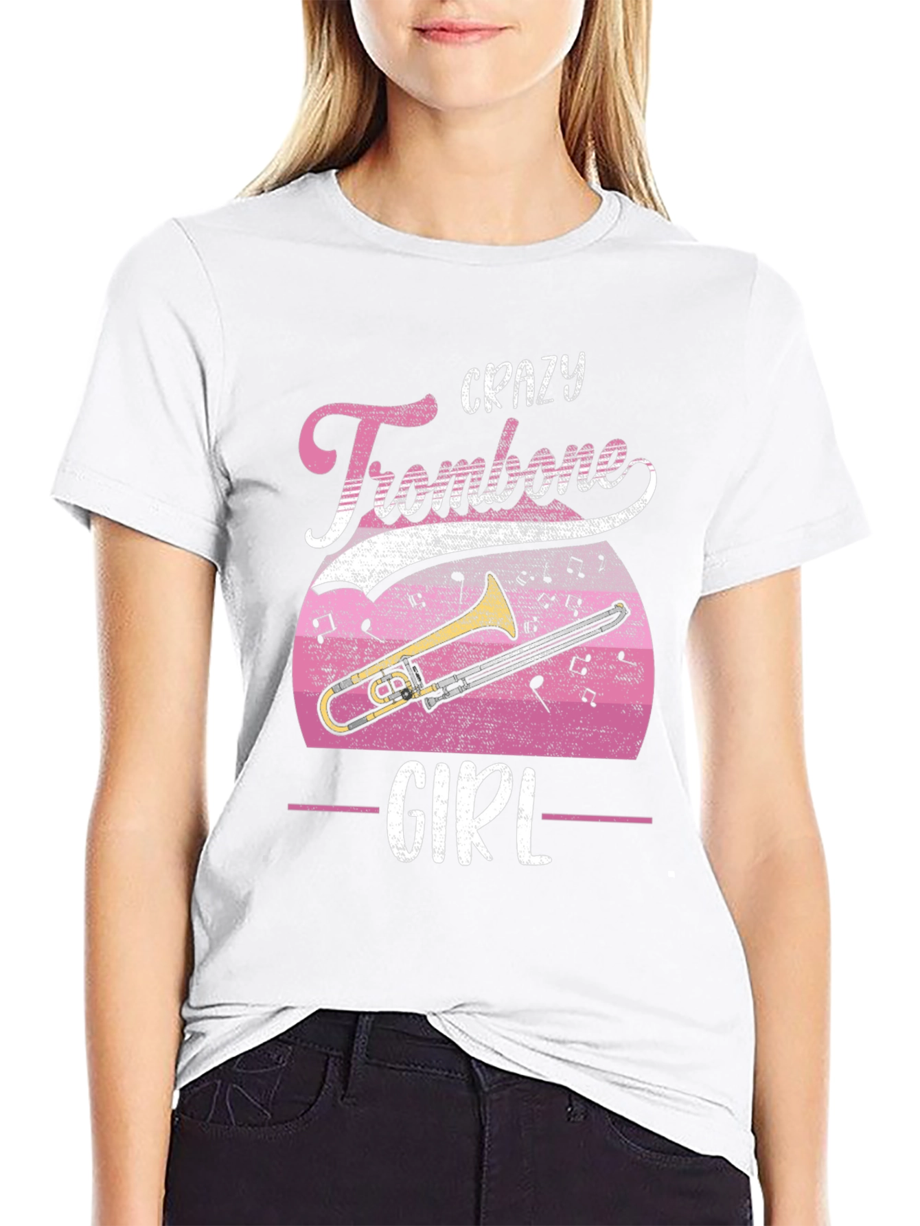 Black Crazy Trombone Girl T-Shirt - Music Lover Tee view 9