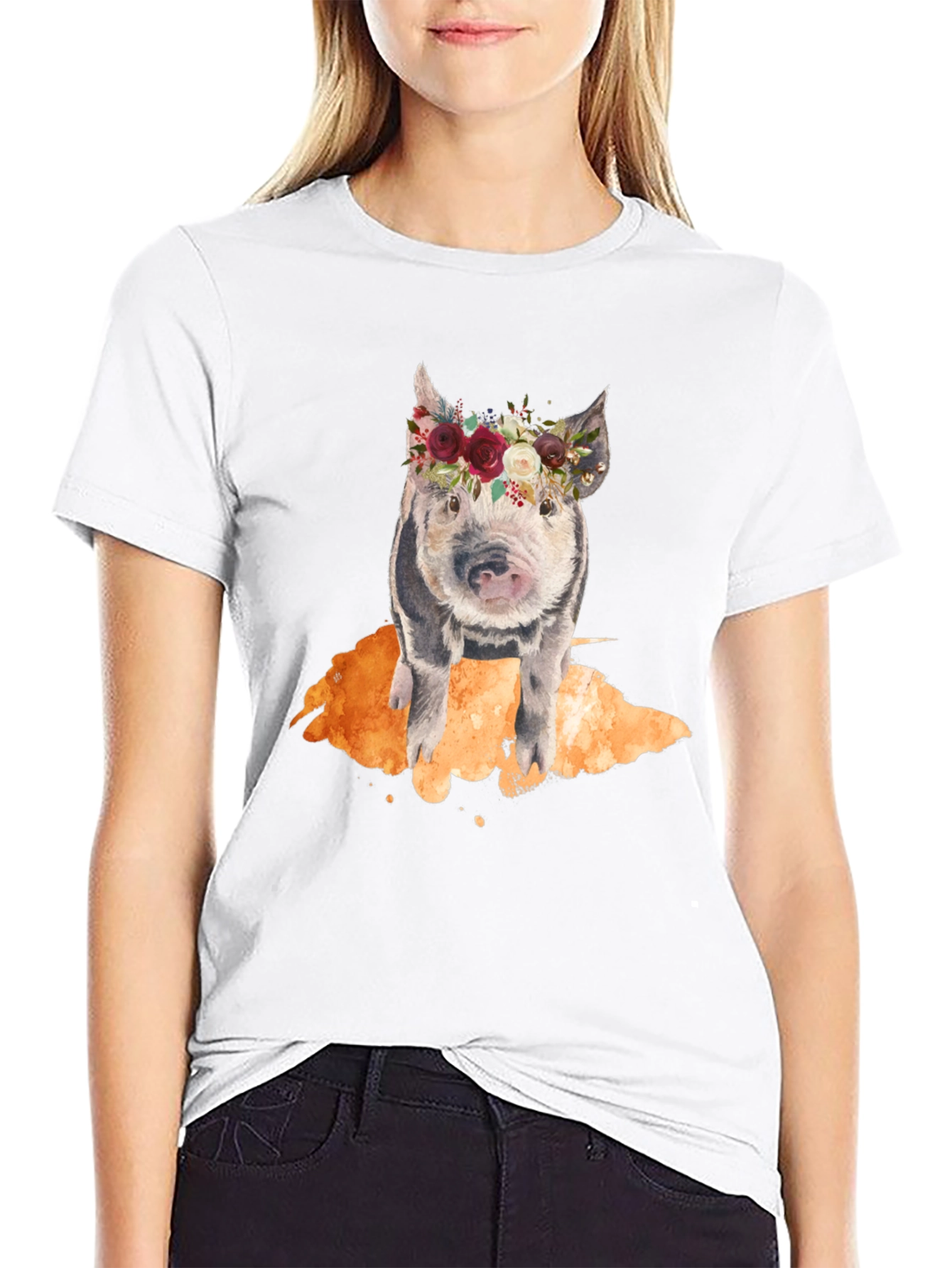 Black Floral Crown Pig Black T-Shirt view 9