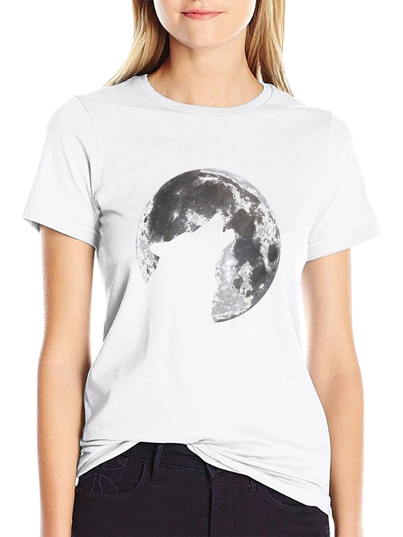 Black Wolf Howling at Moon Graphic Black T-Shirt view 9