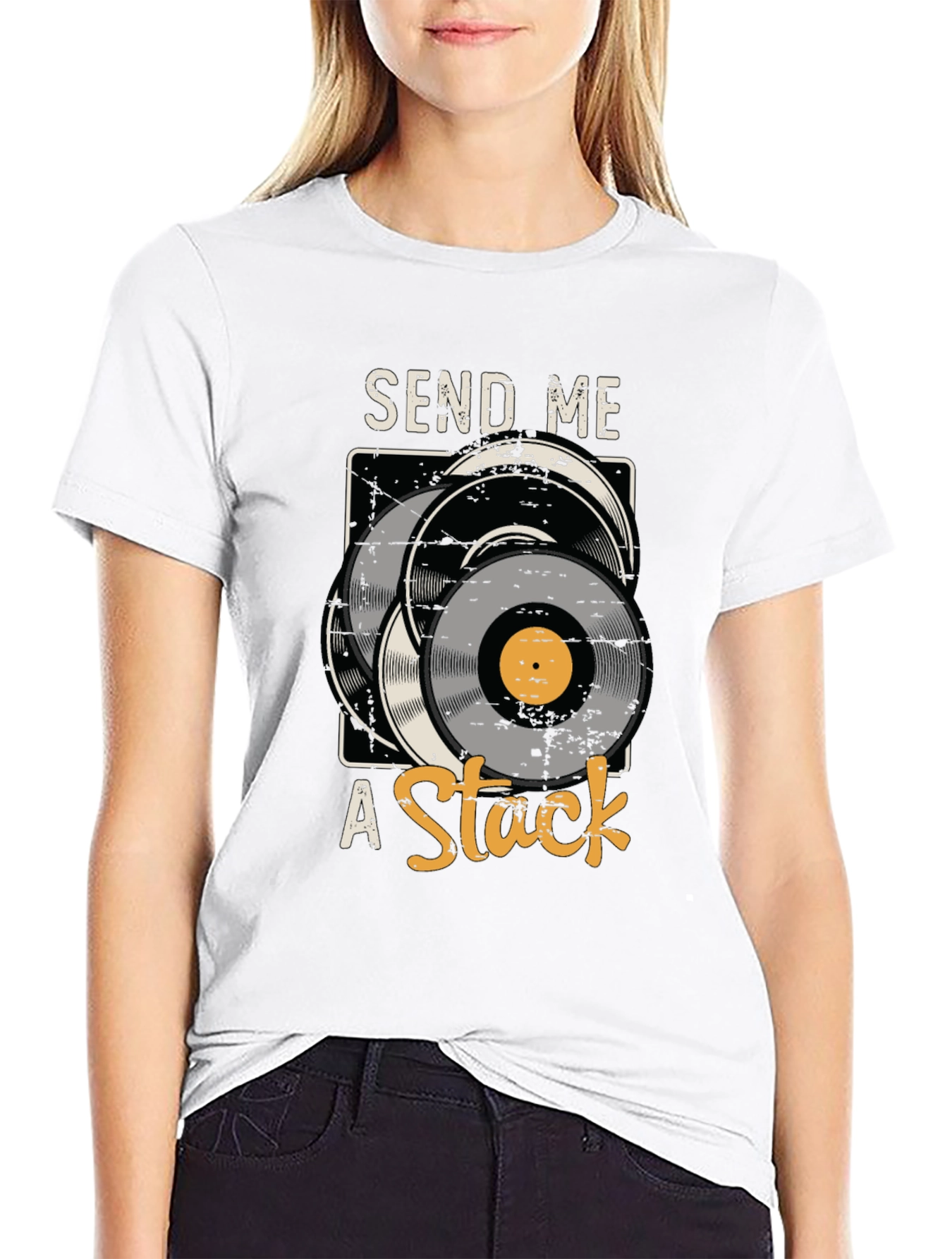 Black Send Me A Stack Vinyl Record Graphic Tee view 9