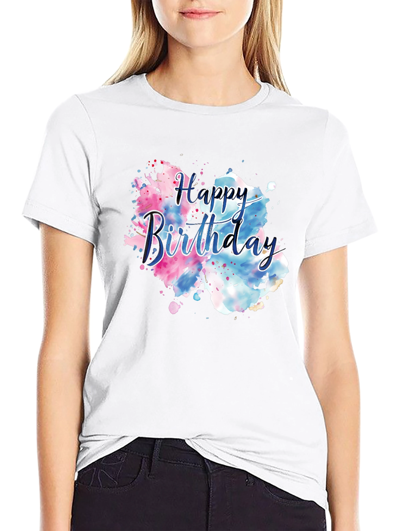Black Happy Birthday Watercolor T-Shirt view 9