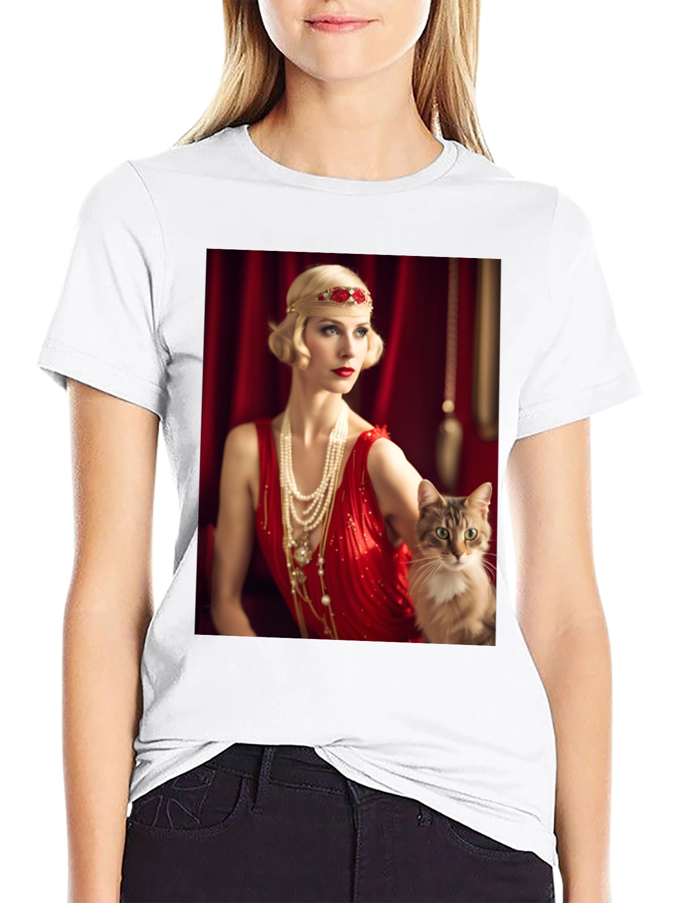 Black Retro Glam T-Shirt: Woman & Cat view 9