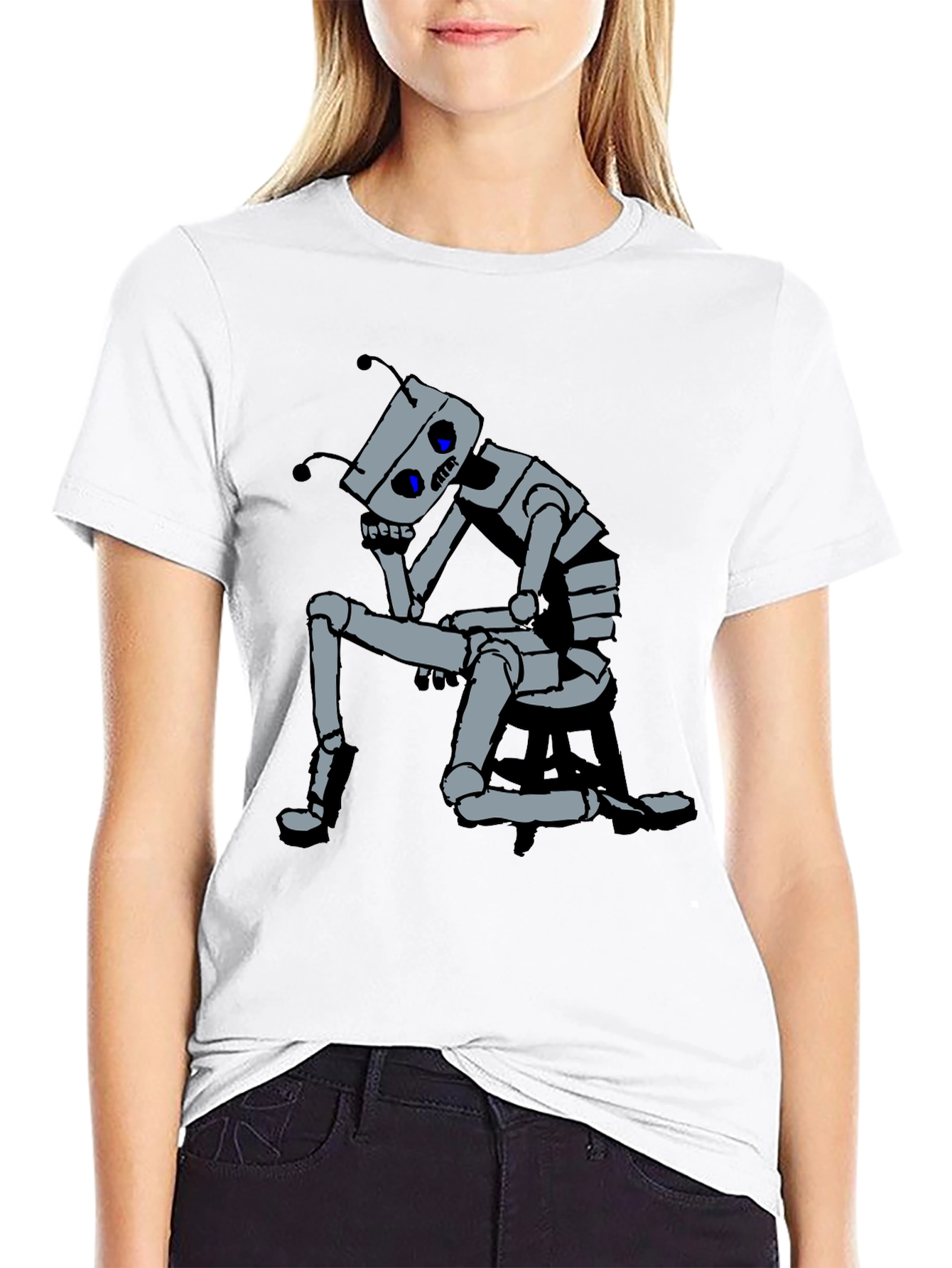 Black Robot Thoughtful Graphic Tee - Black Cotton view 9