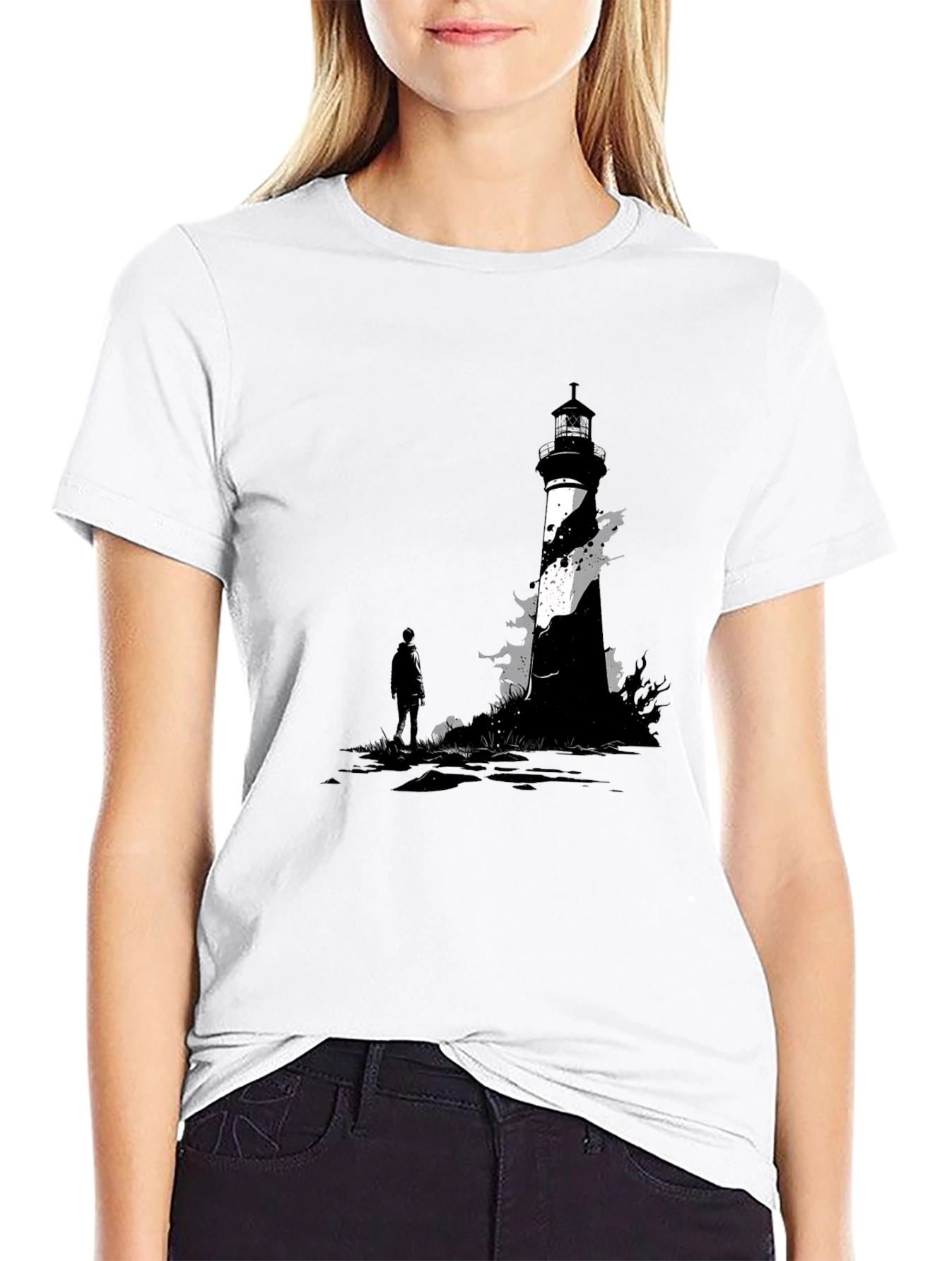 Black Lighthouse Graphic Tee - Coastal Style T-Shirt view 9