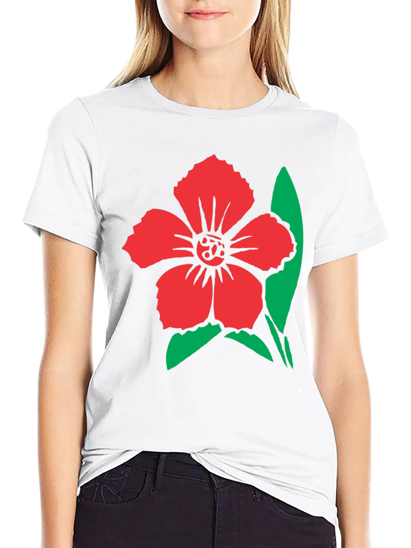 Black Floral Graphic Tee - Red Flower Design on Black Shirt view 9