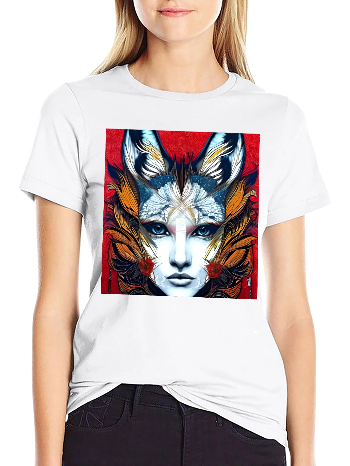 Black Mystic Fox Woman Graphic Tee - Unique Art T-Shirt view 9