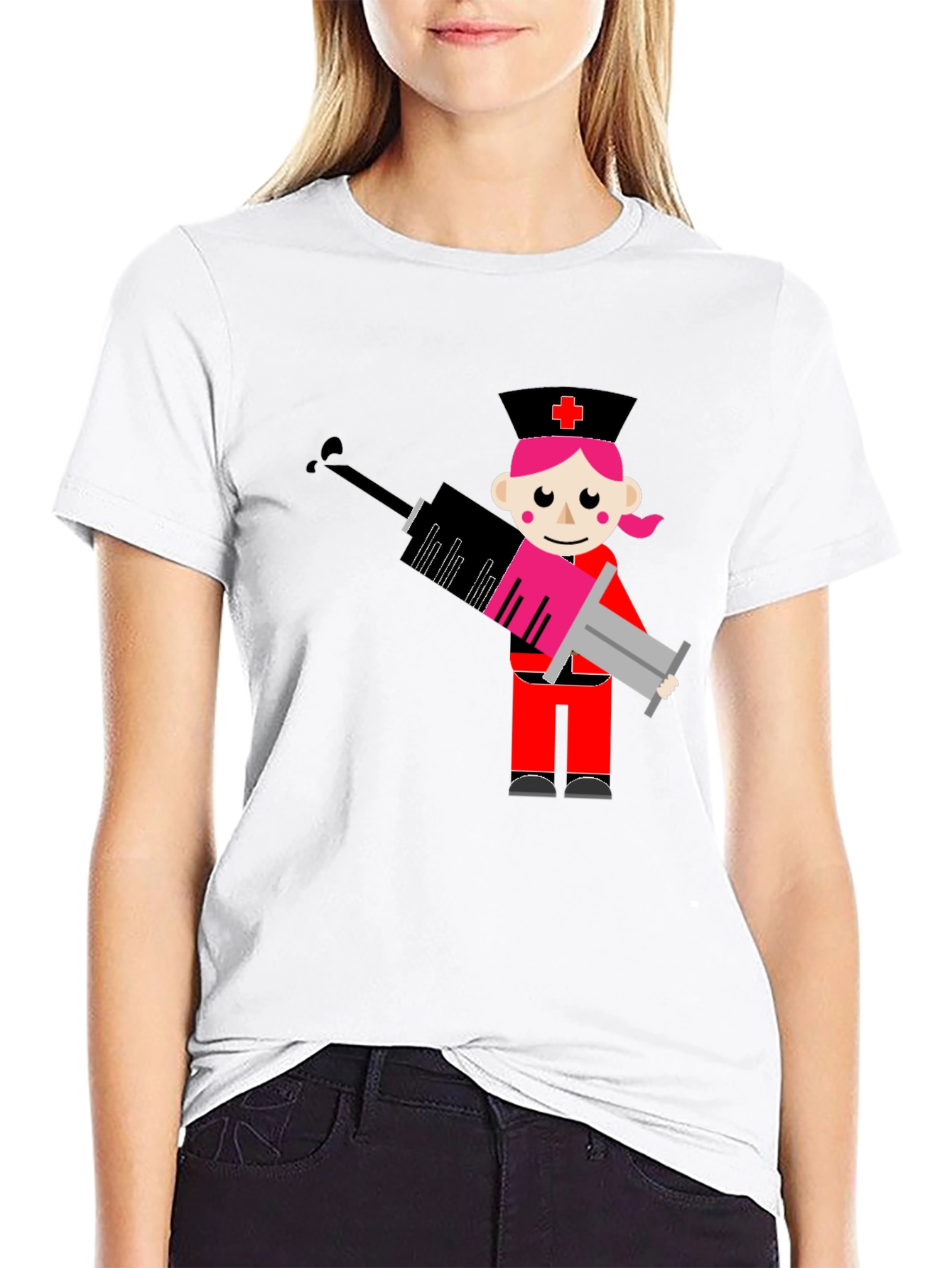 Black Cartoon Nurse Syringe Graphic T-Shirt - Black Cotton Tee view 9
