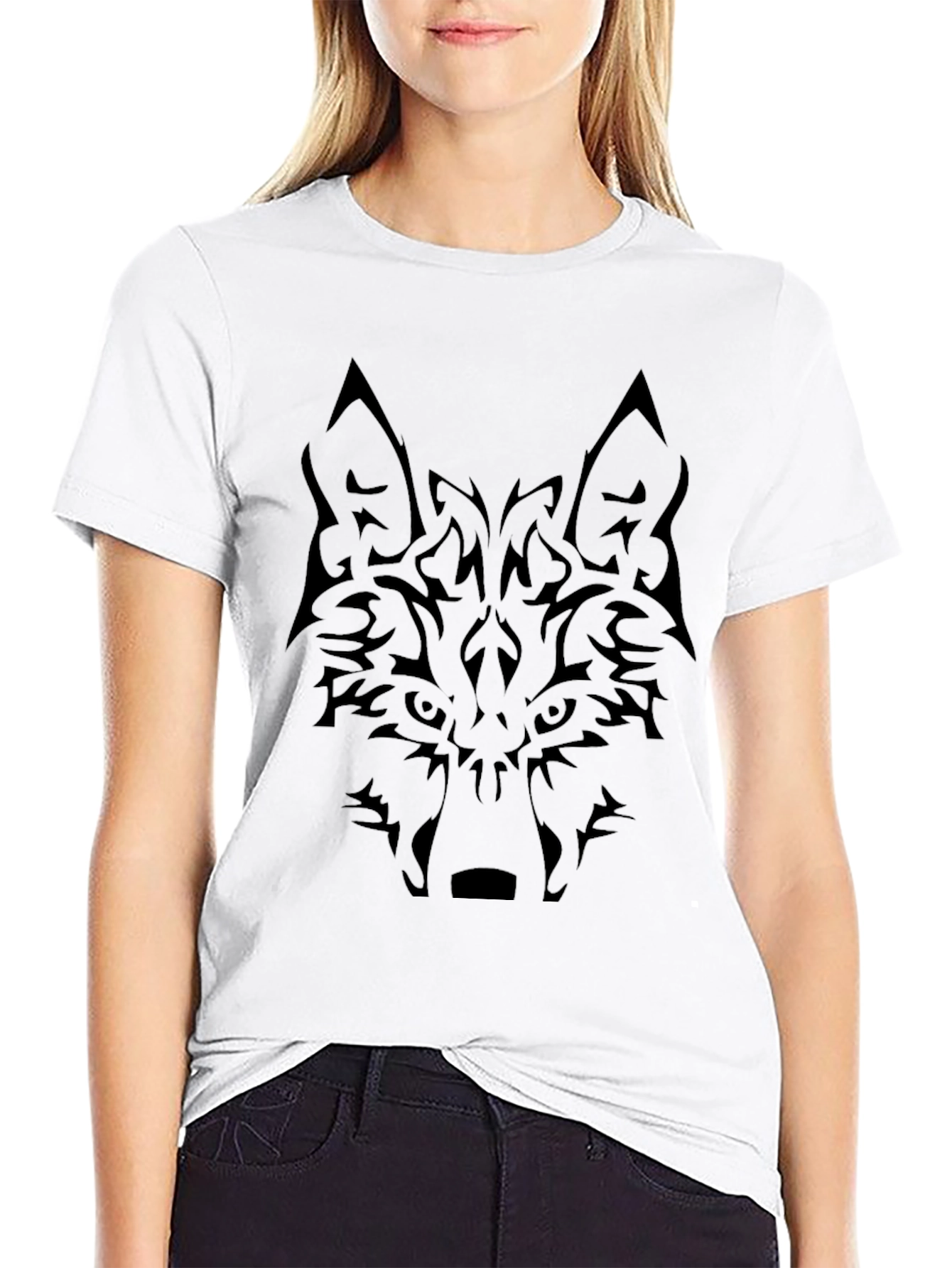 Black Tribal Wolf Graphic Tee - Black Cotton Blend Shirt view 9