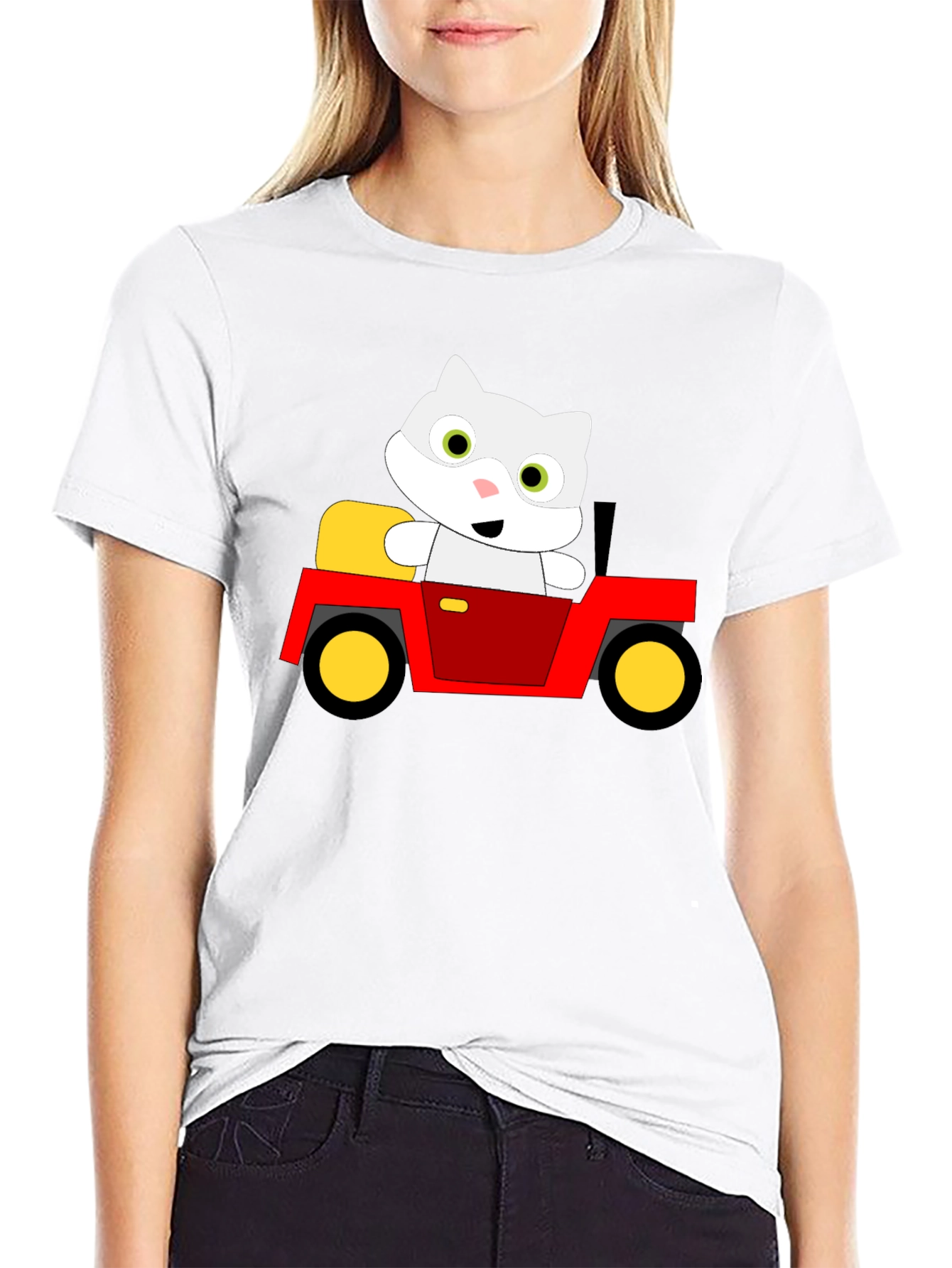 Black Cute Cartoon Cat in Car Graphic T-Shirt view 9