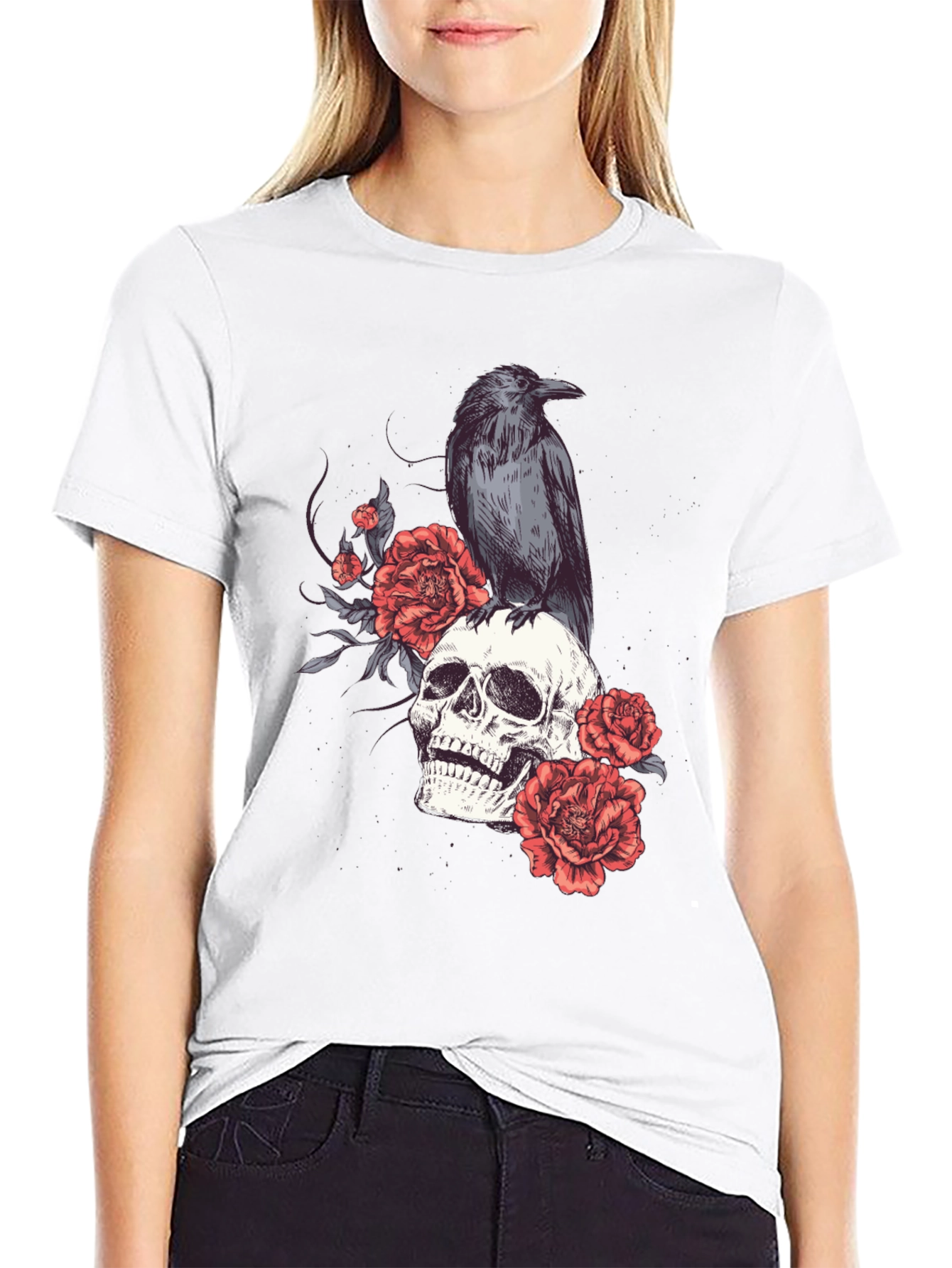 Black Skull & Raven Graphic Tee - Gothic Style view 9