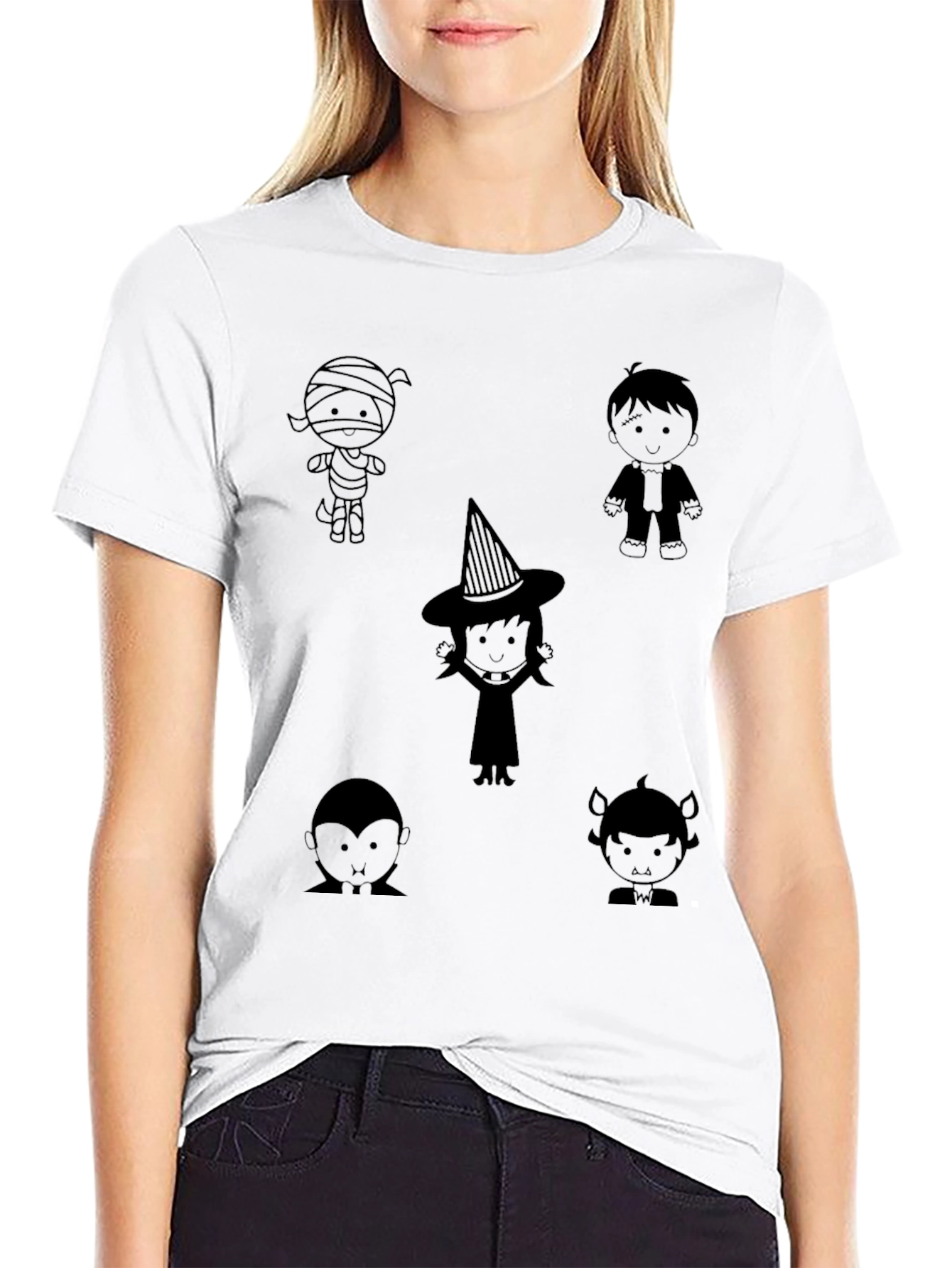 Black Halloween Cartoon Character Print Black T-Shirt view 9