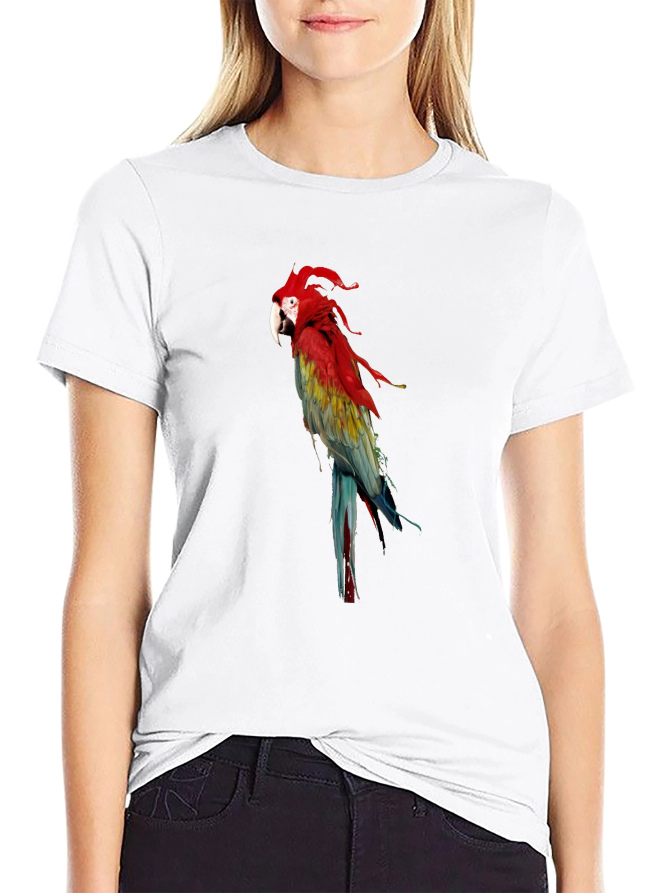 Black Parrot Graphic Tee - Vivid Bird Print T-Shirt view 9