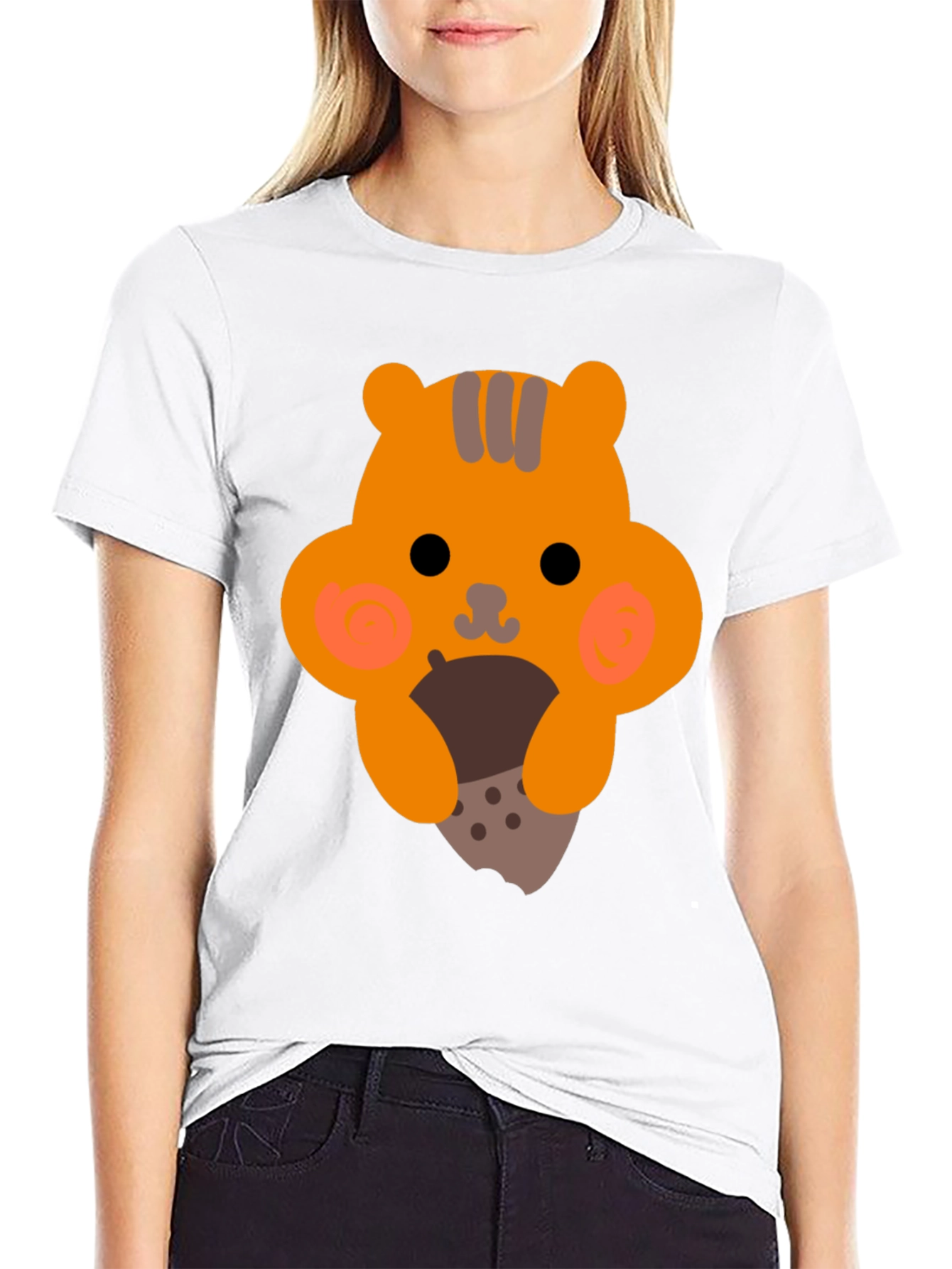 Black Cute Cartoon Squirrel Eating Nut Graphic T-Shirt view 9