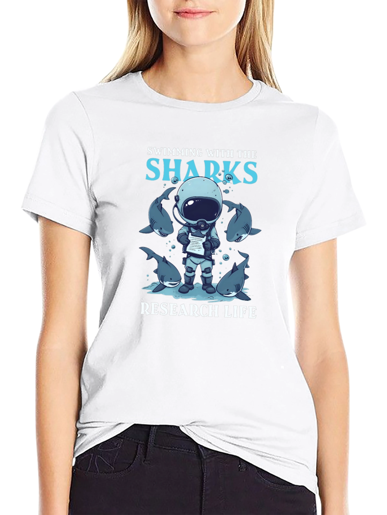 Black Swimming with Sharks Research Life Black T-Shirt view 9