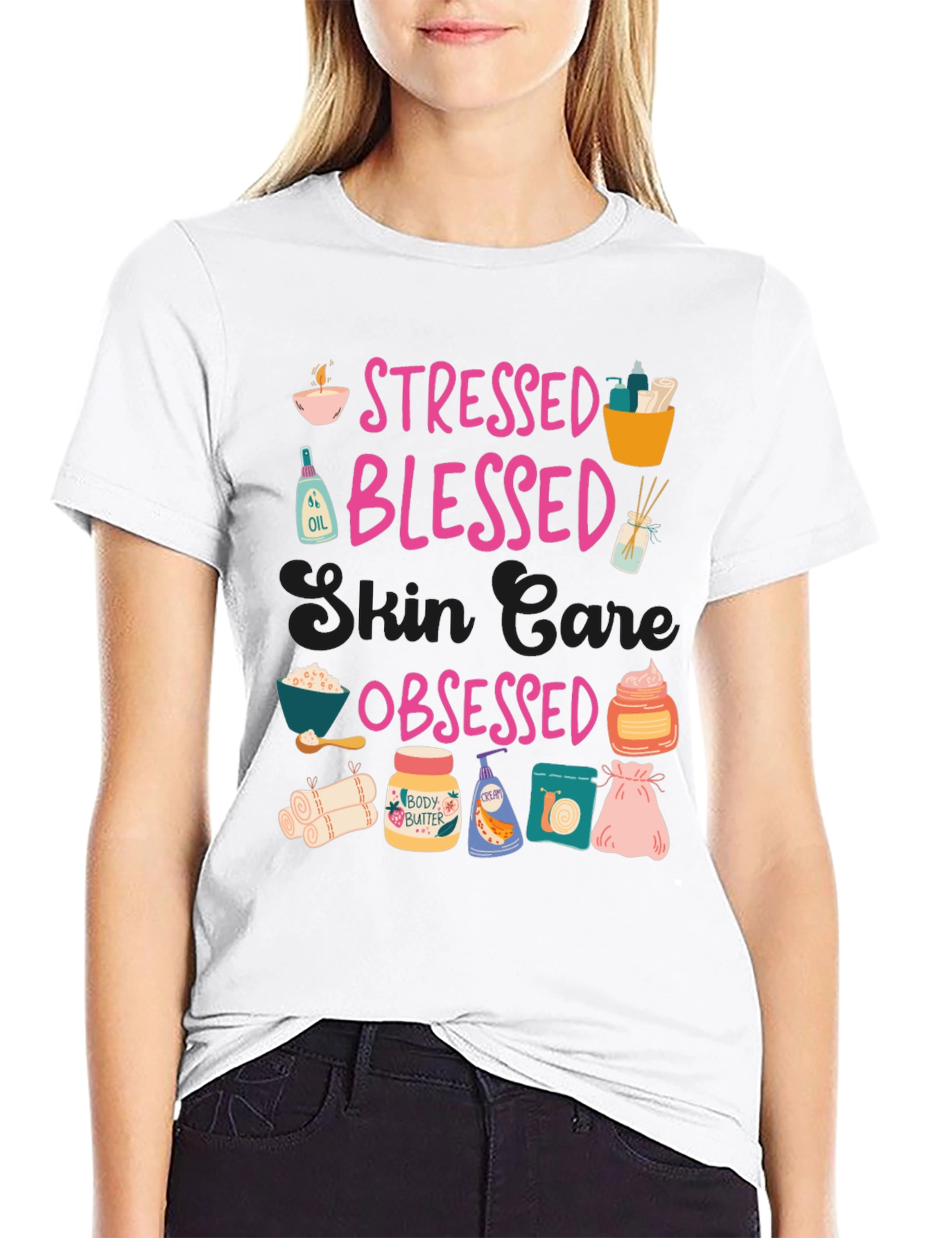Black Stressed Blessed Skin Care Obsessed T-Shirt view 9