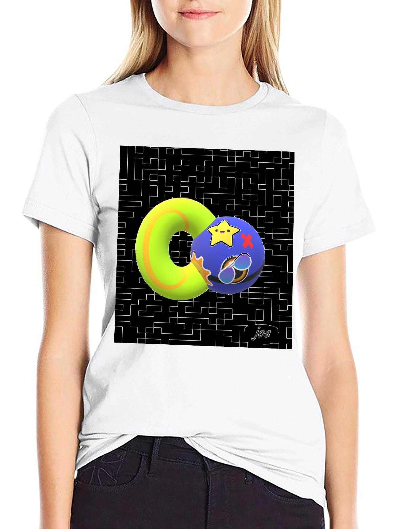 Black Geometric Graphic Tee - Funky Donut and Star Ball Design view 9