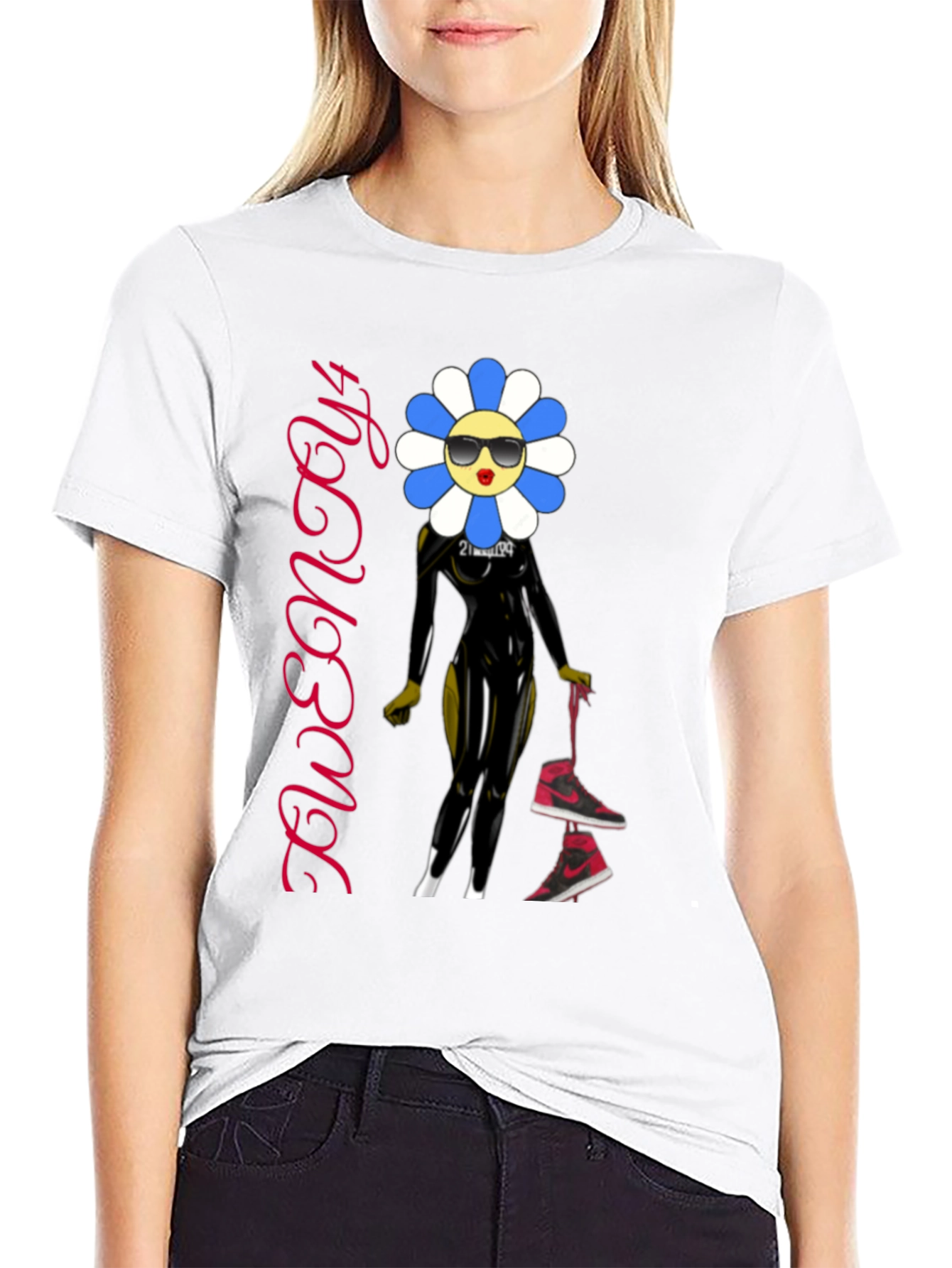 Black Trendy Flower Character Graphic Black T-Shirt view 9