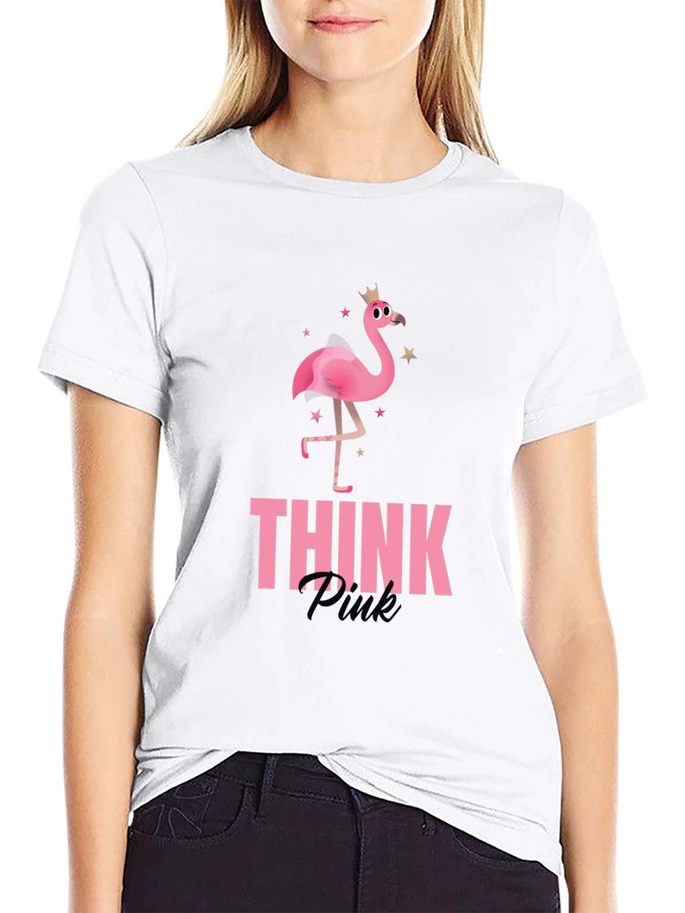 Black Think Pink Flamingo Graphic Tee - Black view 9