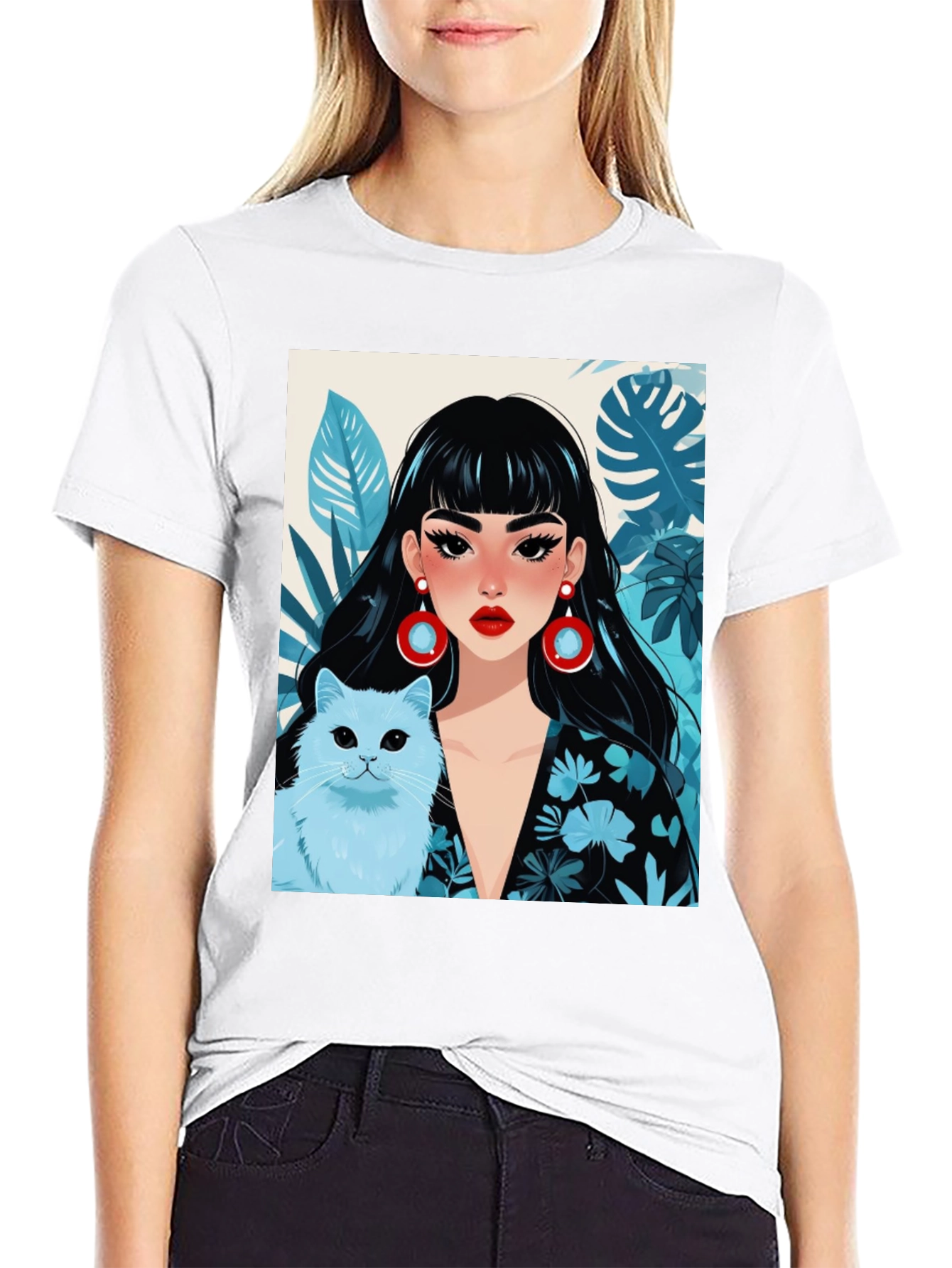 Black Trendy Graphic Tee - Woman & Cat view 9