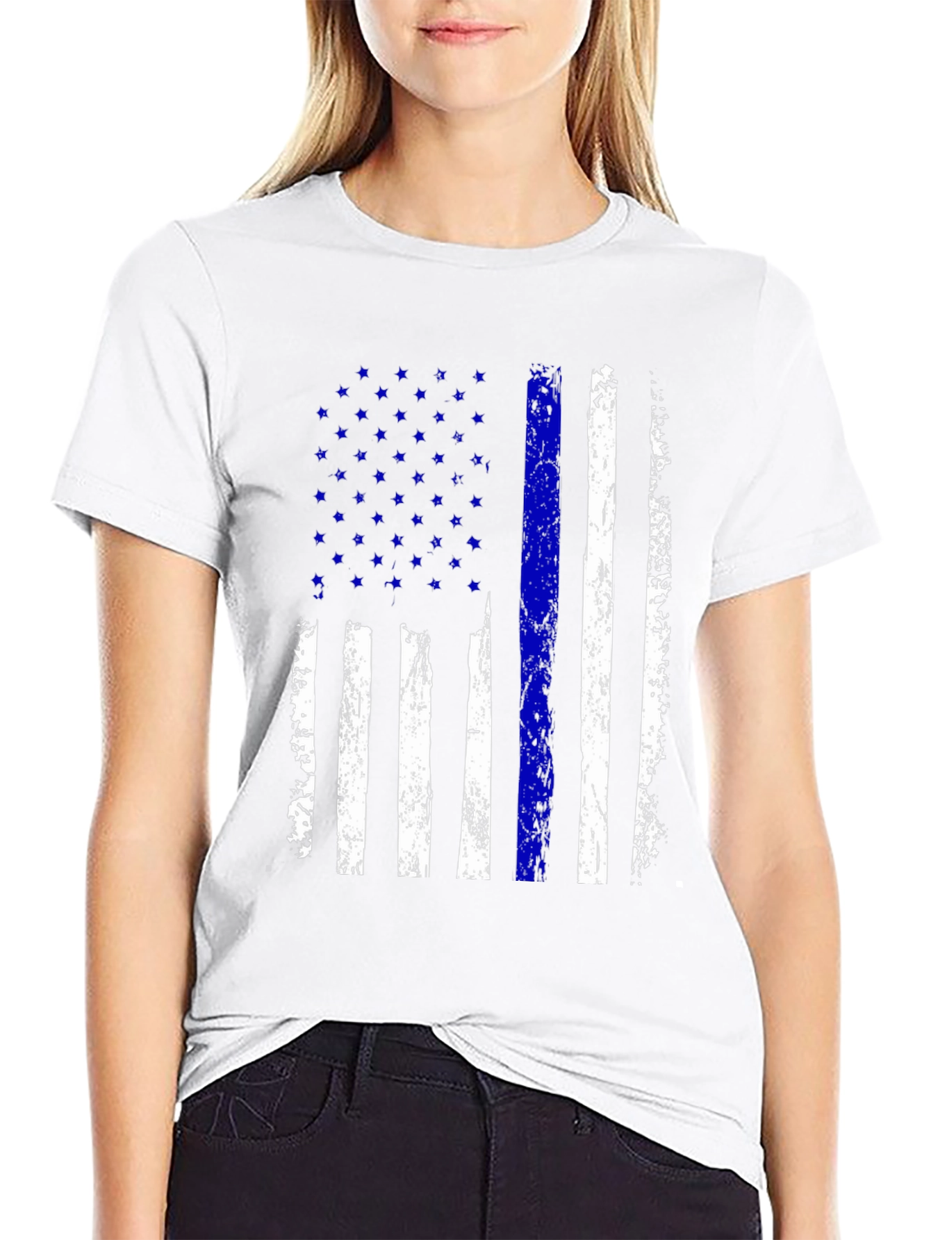 Distressed Thin Blue Line American Flag T-Shirt - 9