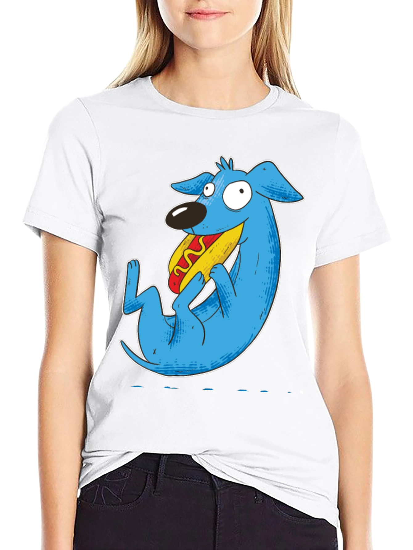 Black Cartoon Blue Dog Eating Hotdog Black T-Shirt view 9