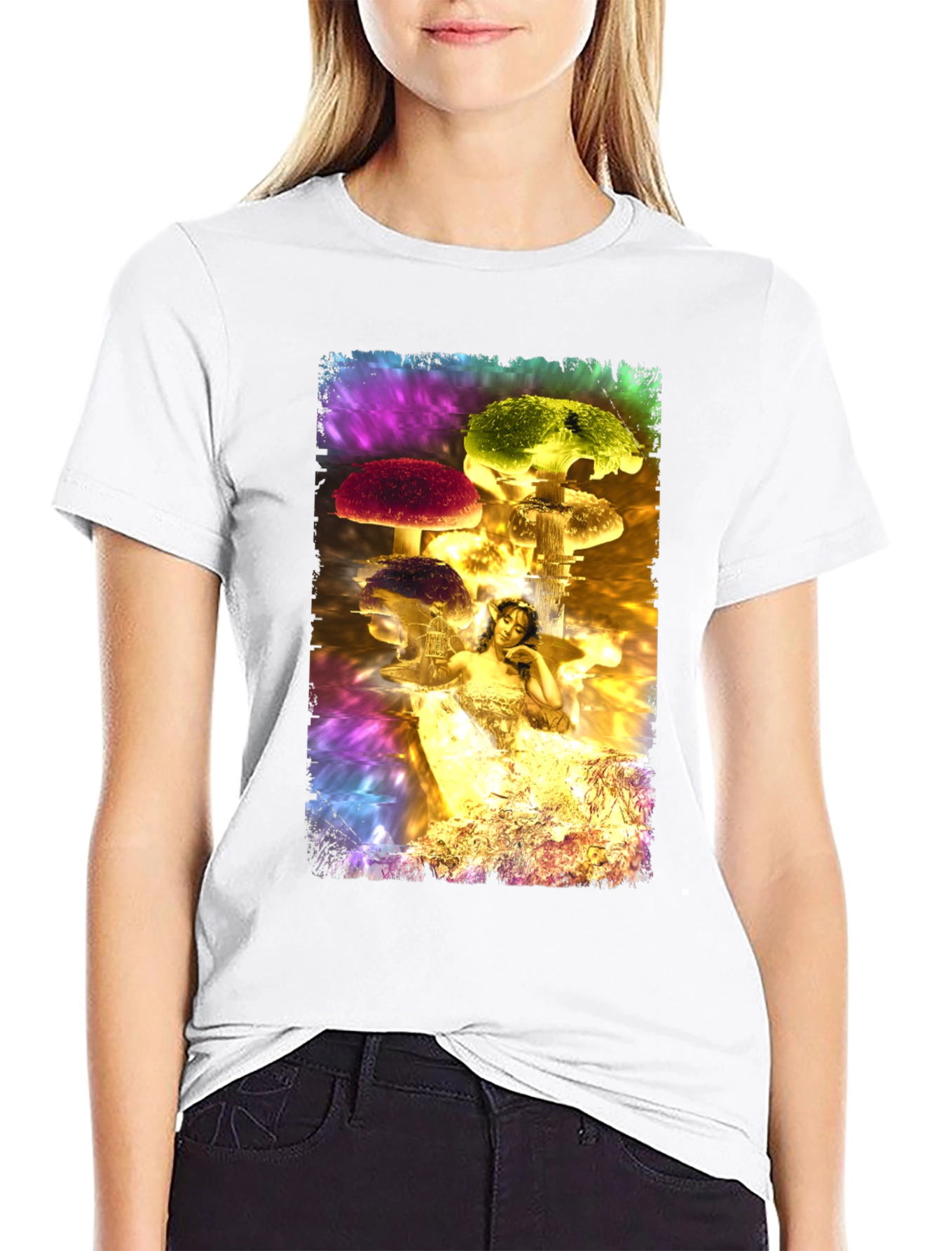 Black Fantasy Mushroom Fairy Graphic T-Shirt view 9