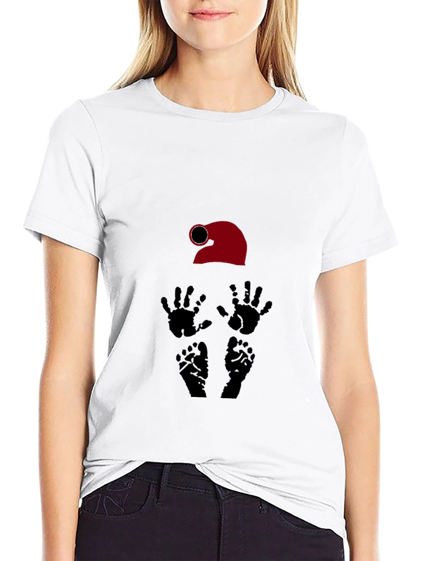Black Novelty Graphic T-Shirt: Santa Hat, Hands, Feet Design view 9