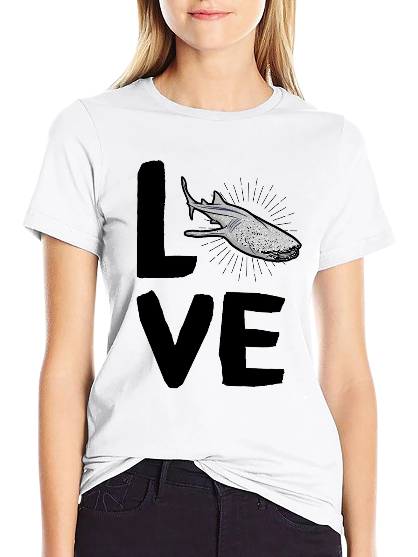 Black Love Shark Graphic T-Shirt, Black Cotton Blend view 9