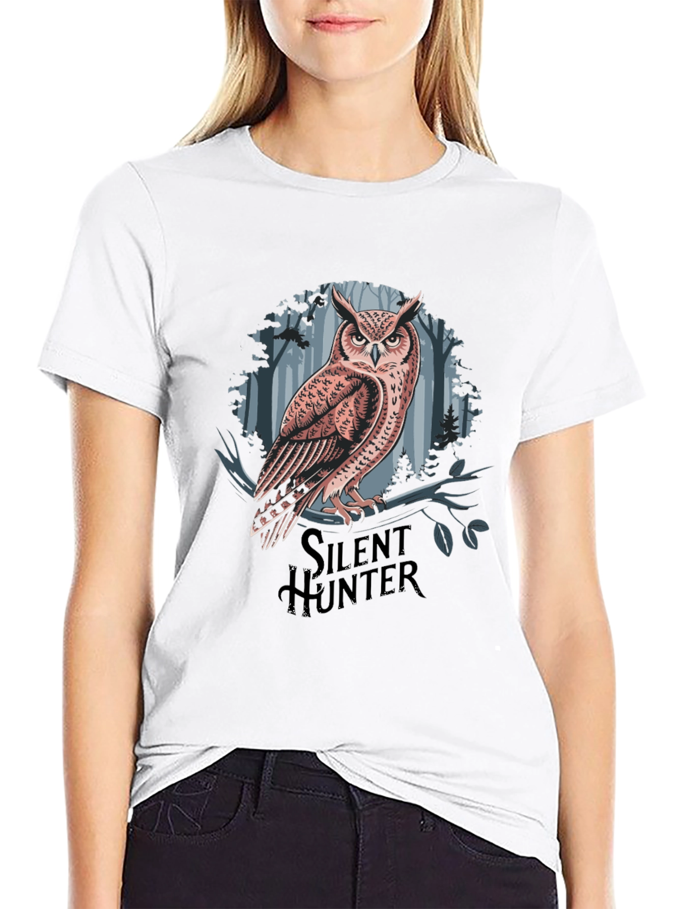 Black Silent Hunter Owl Graphic Tee - Black Cotton Blend view 9