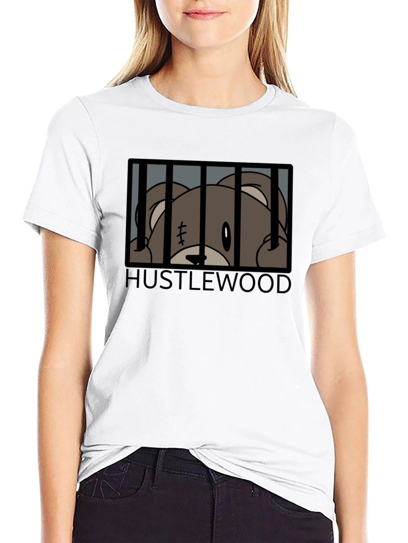 Black Hustlewood Bear Behind Bars Graphic Tee view 9