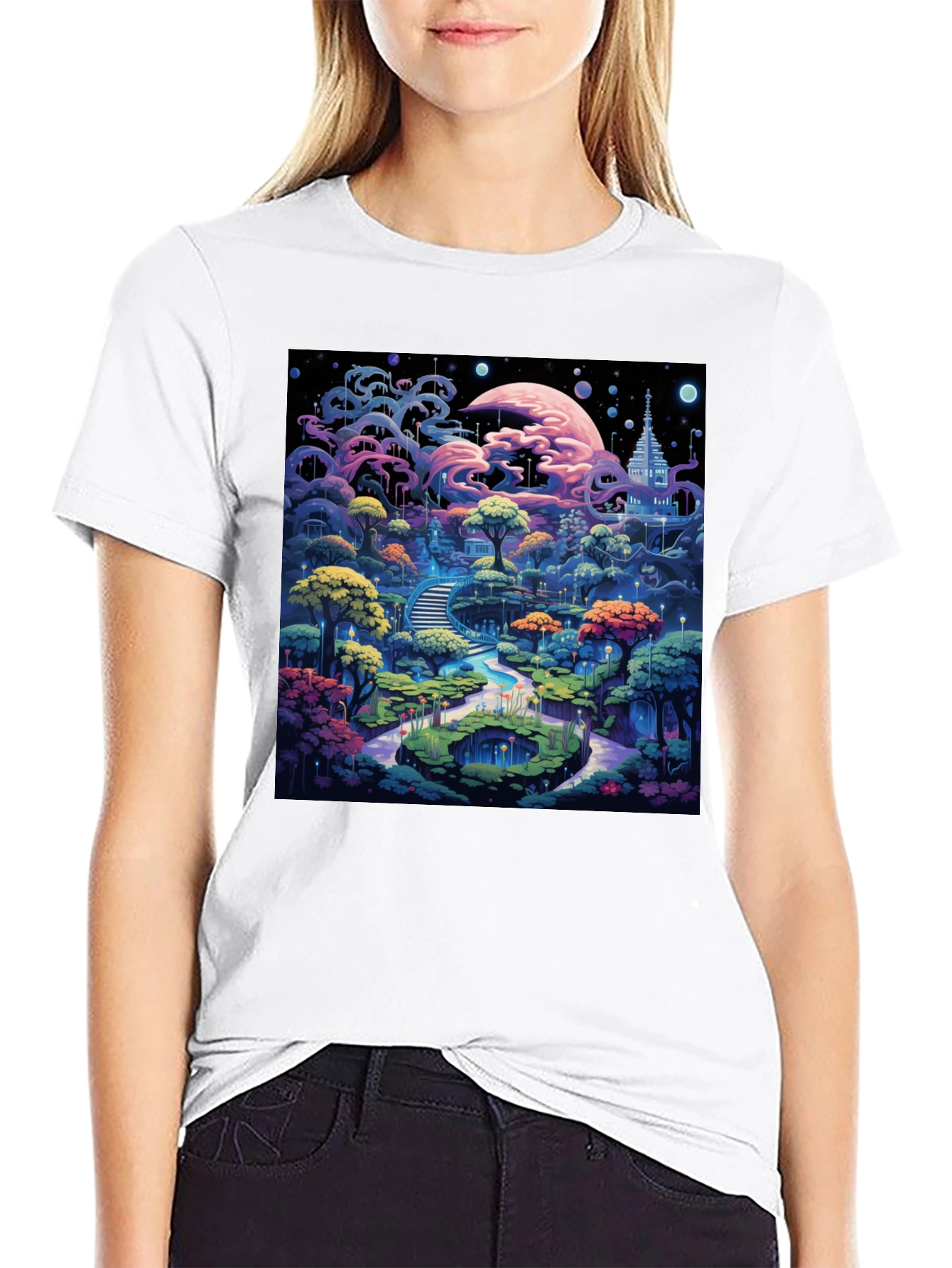 Black Fantasy Landscape Graphic Tee - Black Cotton Blend view 9