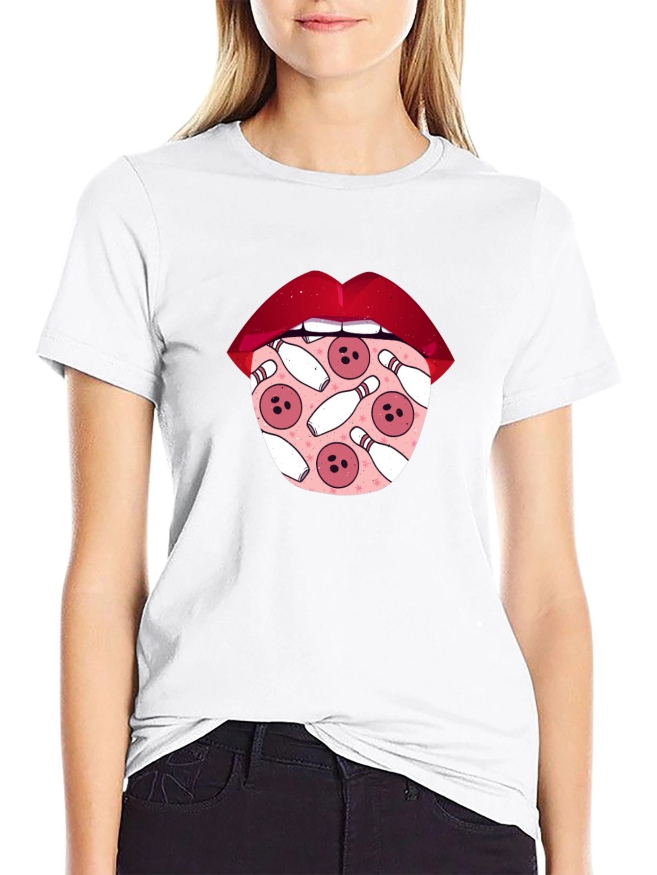Black Bowling Lips Graphic Tee - Unique Design view 9