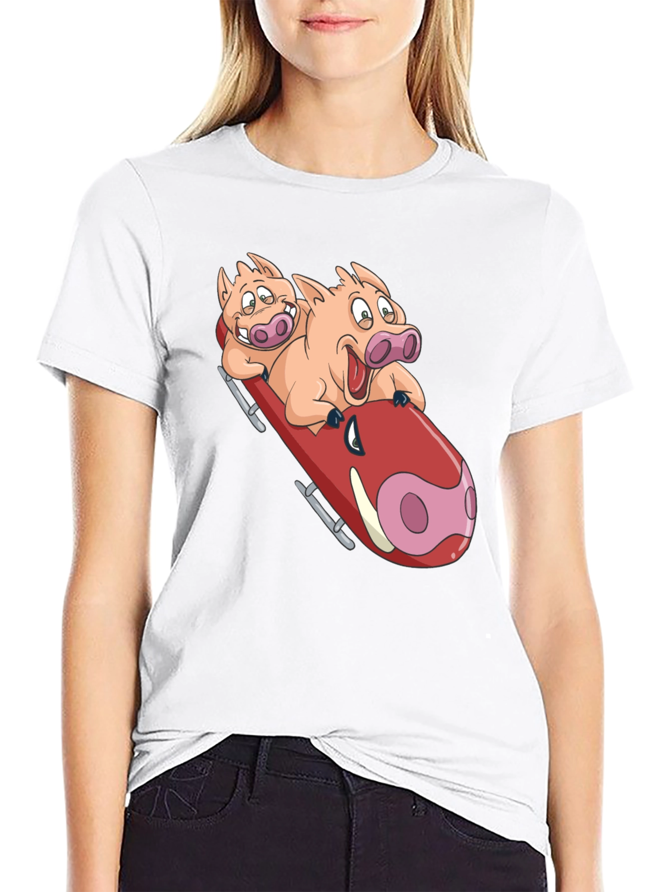 Black Funny Pigs Bobsledding Graphic T-Shirt view 9