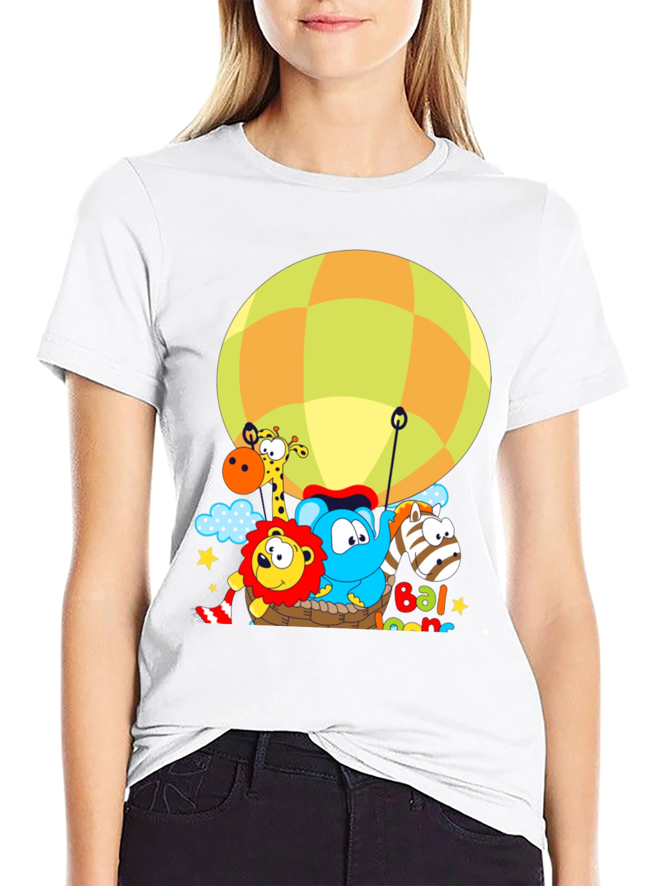 Black Cartoon Animal Balloon Ride Graphic T-Shirt view 9
