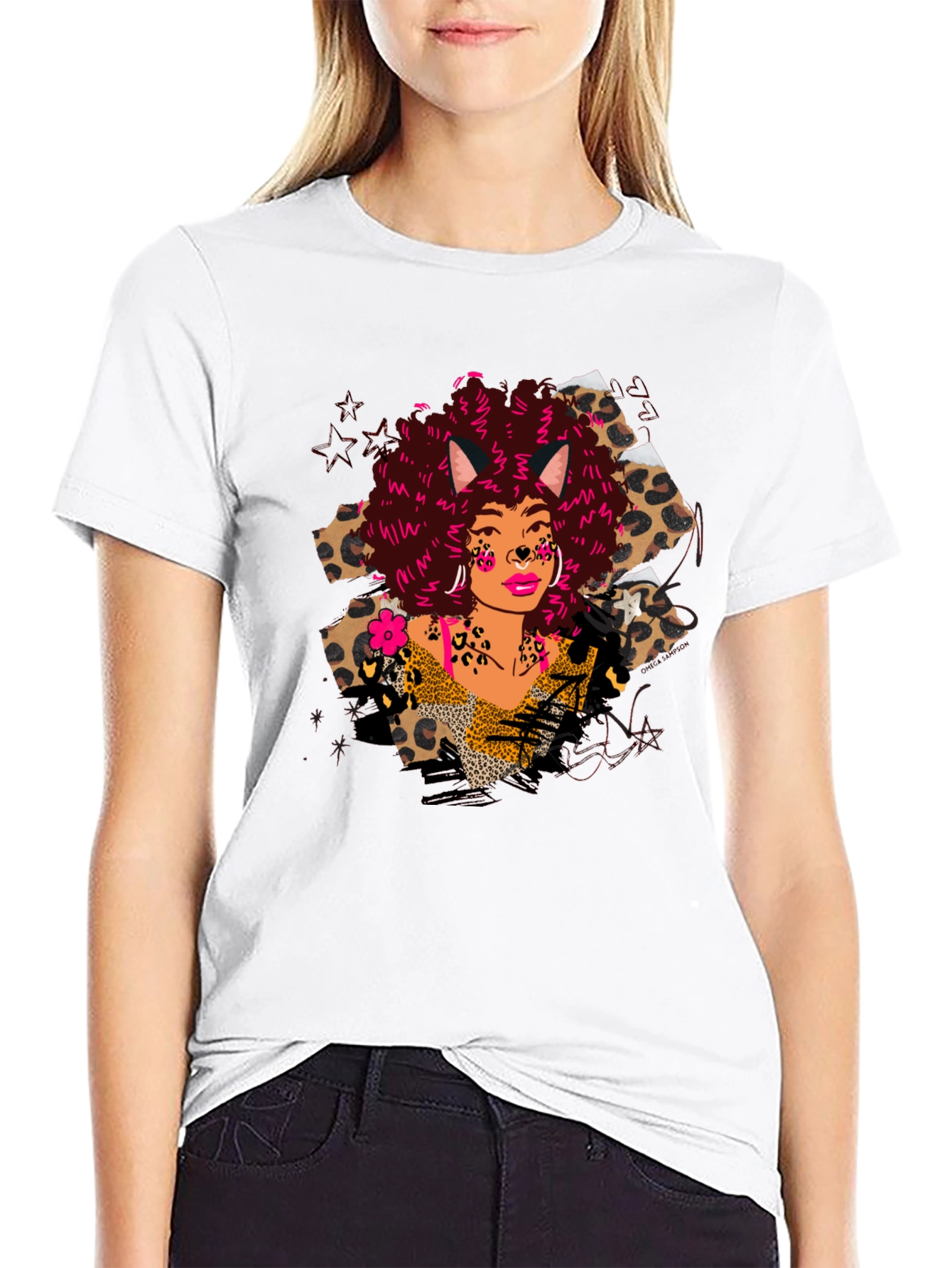 Black Leopard Print T-Shirt with Afro Cat Lady Design view 9