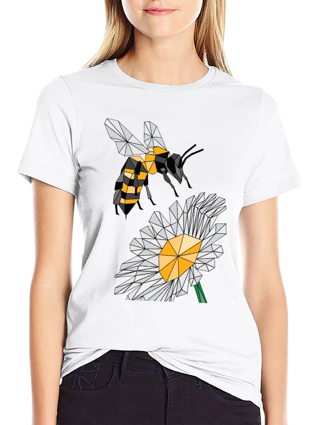 Black Geometric Bee & Daisy Black T-Shirt view 9