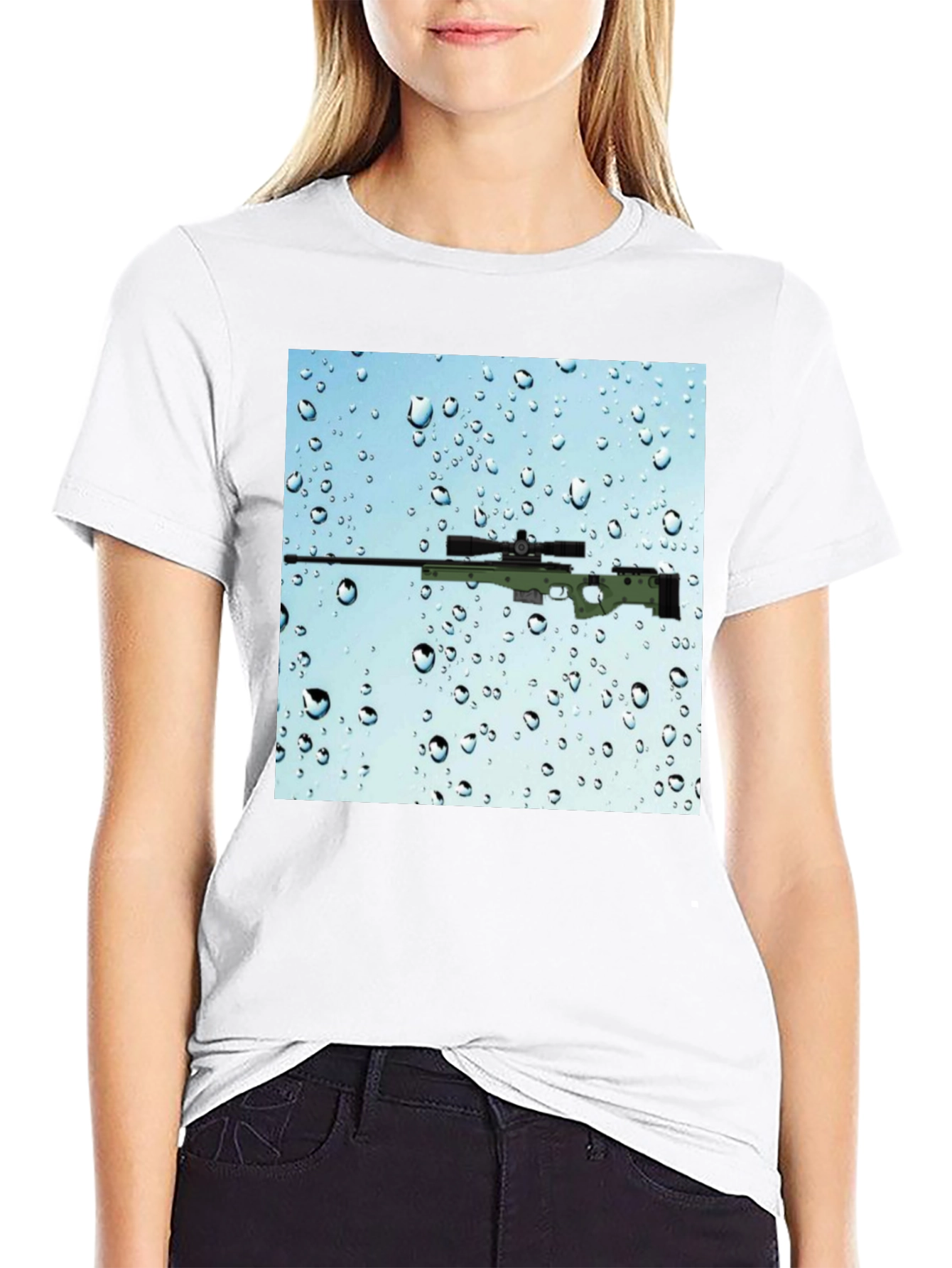 Black Gun on Rainy Window T-Shirt - Cool Graphic Tee view 9