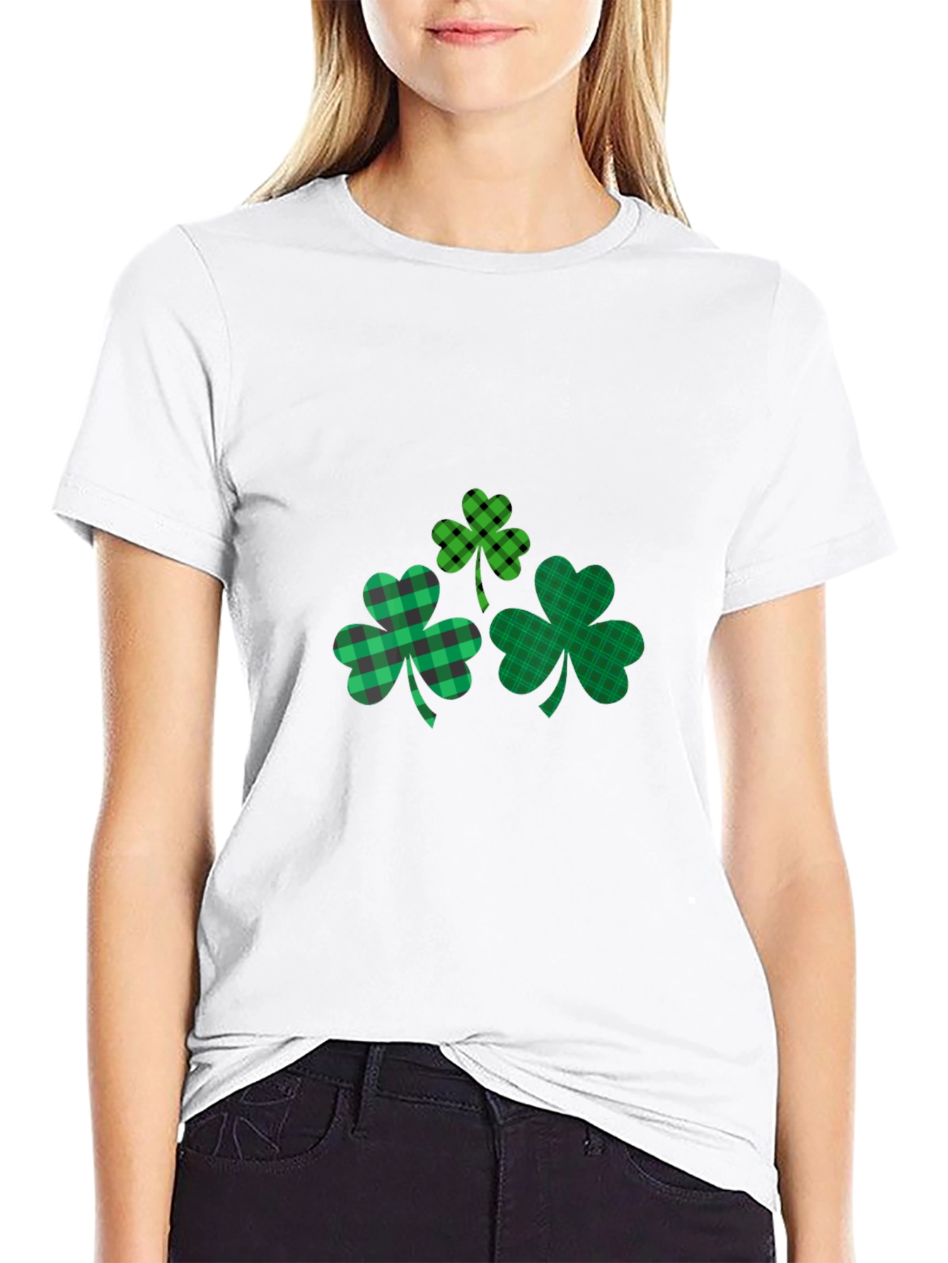 Black St. Patrick's Day Shamrock Plaid T-Shirt view 9