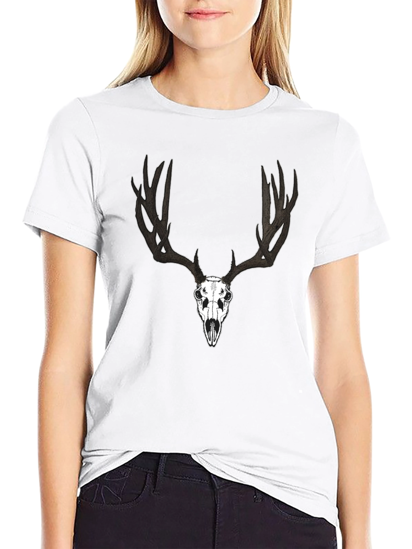 Black Deer Skull Graphic Black T-Shirt view 9