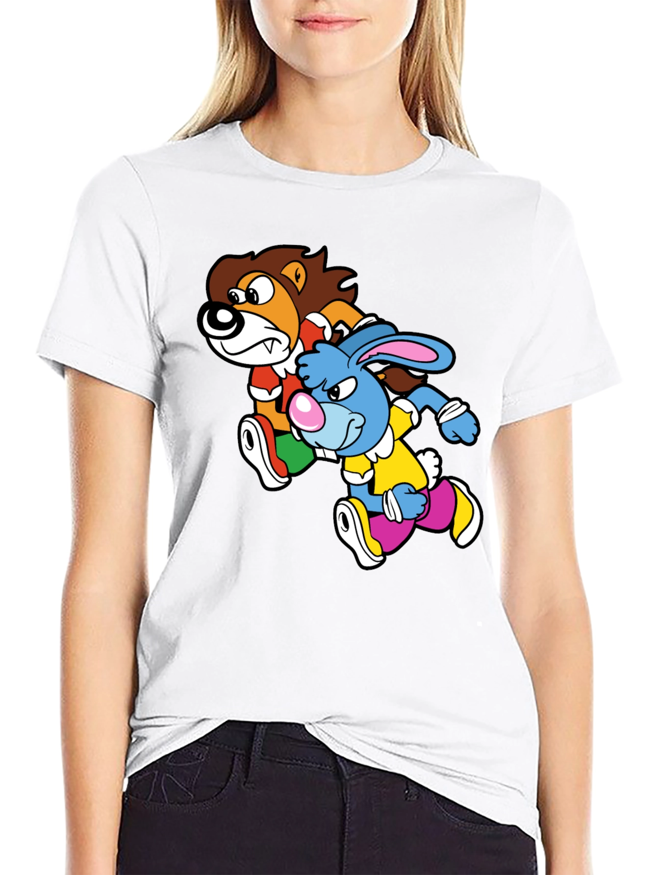 Black Lion and Rabbit Cartoon Graphic Black T-Shirt view 9