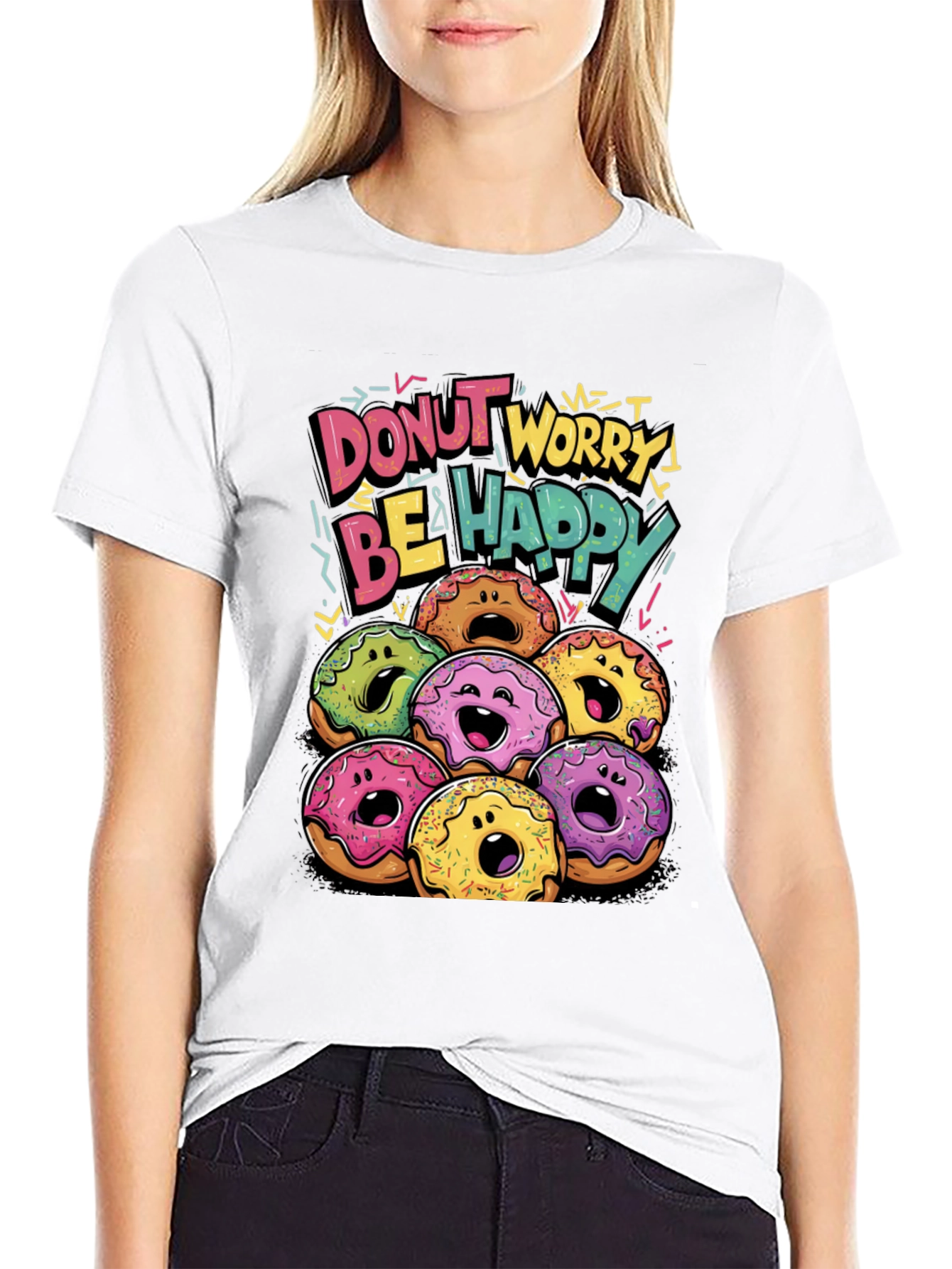 Black Donut Worry Be Happy Graphic T-Shirt view 9