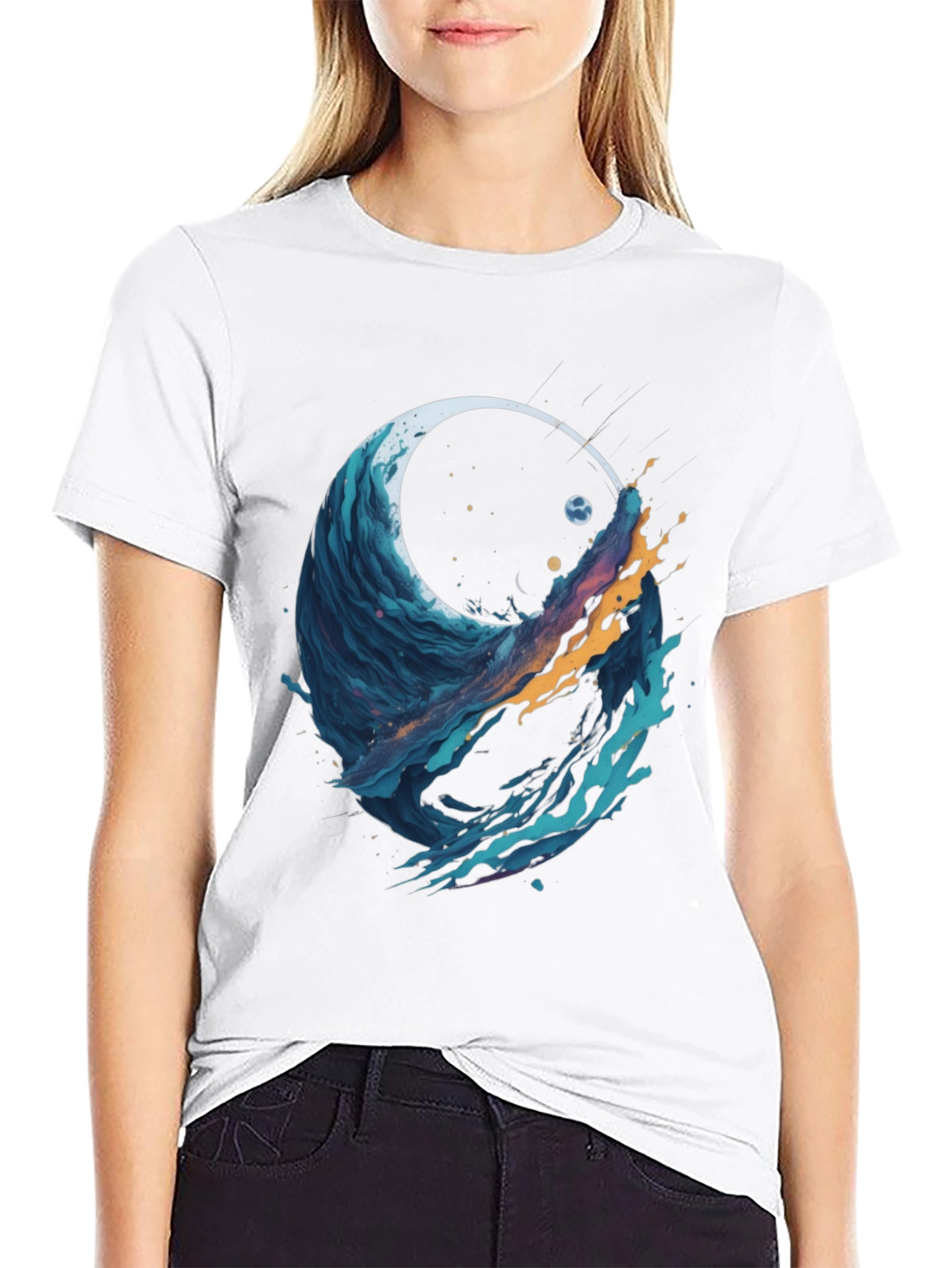 Black Abstract Wave Graphic Tee - Black Cotton Blend view 9