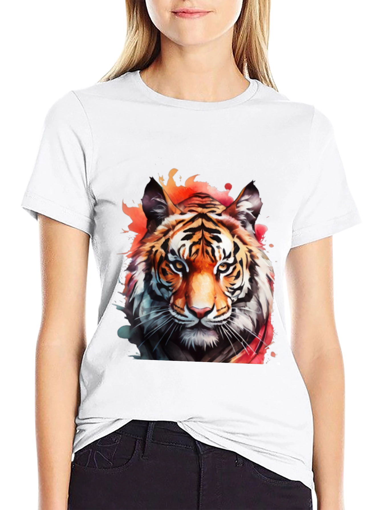 Black Watercolor Tiger Graphic Black T-Shirt view 9