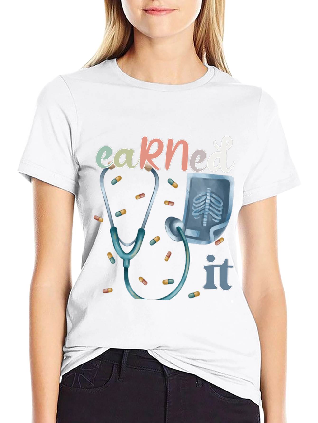 Black Earned It Doctor T-Shirt - Stethoscope & X-Ray Graphic view 9